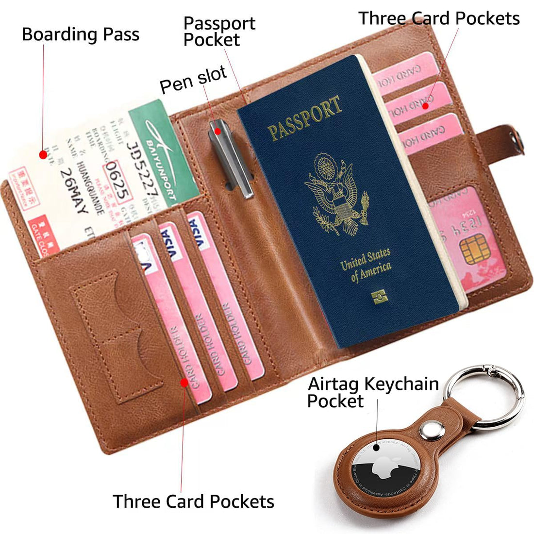 Travel Passport Wallet with Airtag Holder,RFID Passport Vaccine Card Holder, Brown B, Business