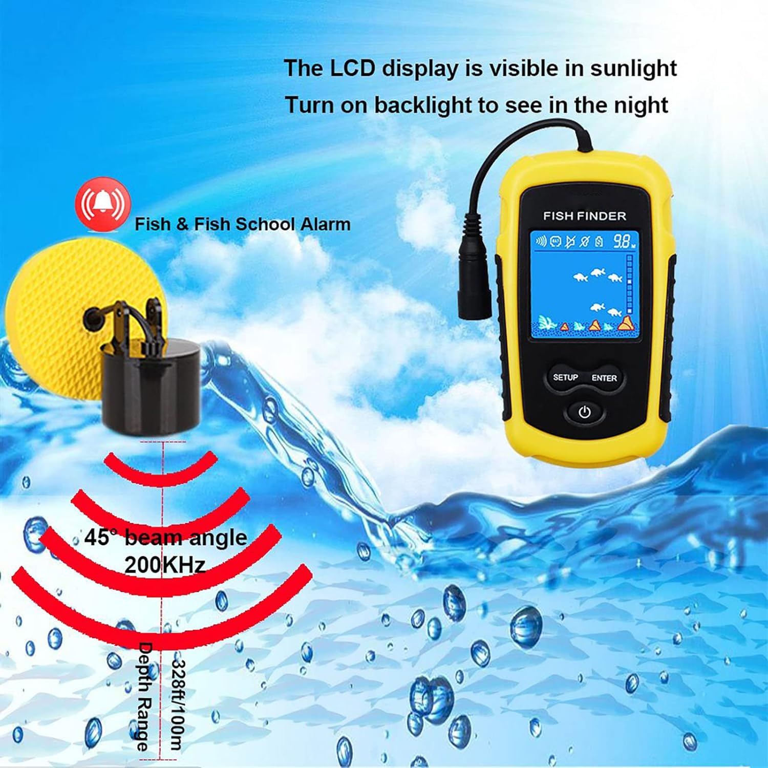 TEQIN Kayak Portable Fish Depth Finder, WiredFishing Sonar Sensor Fishing Alarm, Handheld Fishfinder with LCD Display, Ice Kayak Boat Fishing Gear FF1108-1C (English)