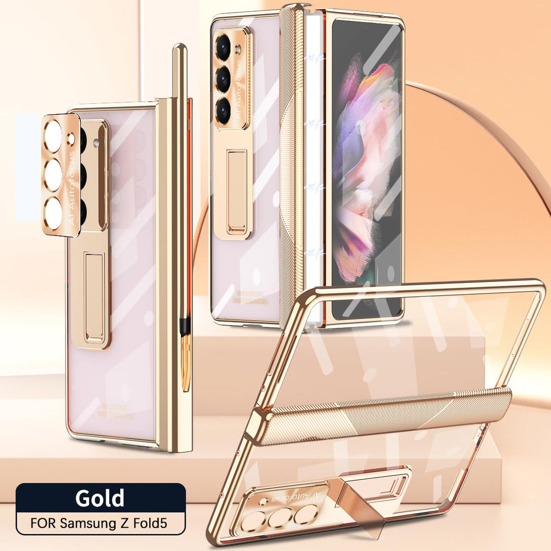 PUROOM for Samsung Galaxy Z Fold 5 Hinge Coverage Protective Case Transparent Plating PC with Pen Holder Kickstand Screen Protector All-Inclusive Case (Gold)