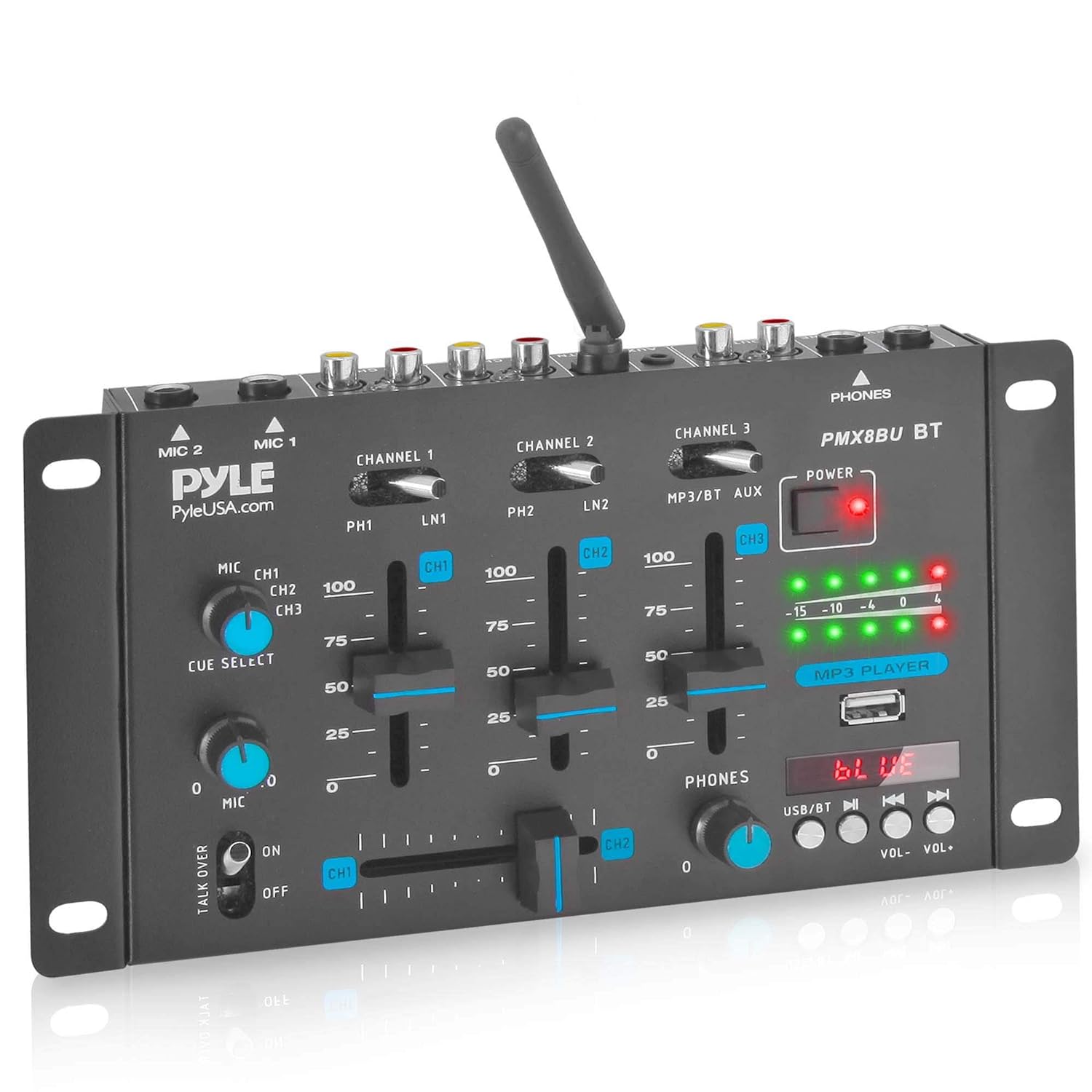 Wireless DJ Audio Mixer - 3 Channel Bluetooth Compatible DJ Controller Sound Mixer, Mic-Talkover, USB Reader, Dual RCA Phono/Line in, Microphone Input, Headphone Jack - Pyle PMX8BU