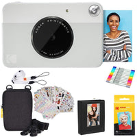 Kodak Printomatic Instant Camera (Grey) Gift Bundle + Zink Paper (20 Sheets) + Deluxe Case + 7 Fun Sticker Sets + Twin Tip Markers + Photo Album + Hanging Frames + Comfortable Neck Strap