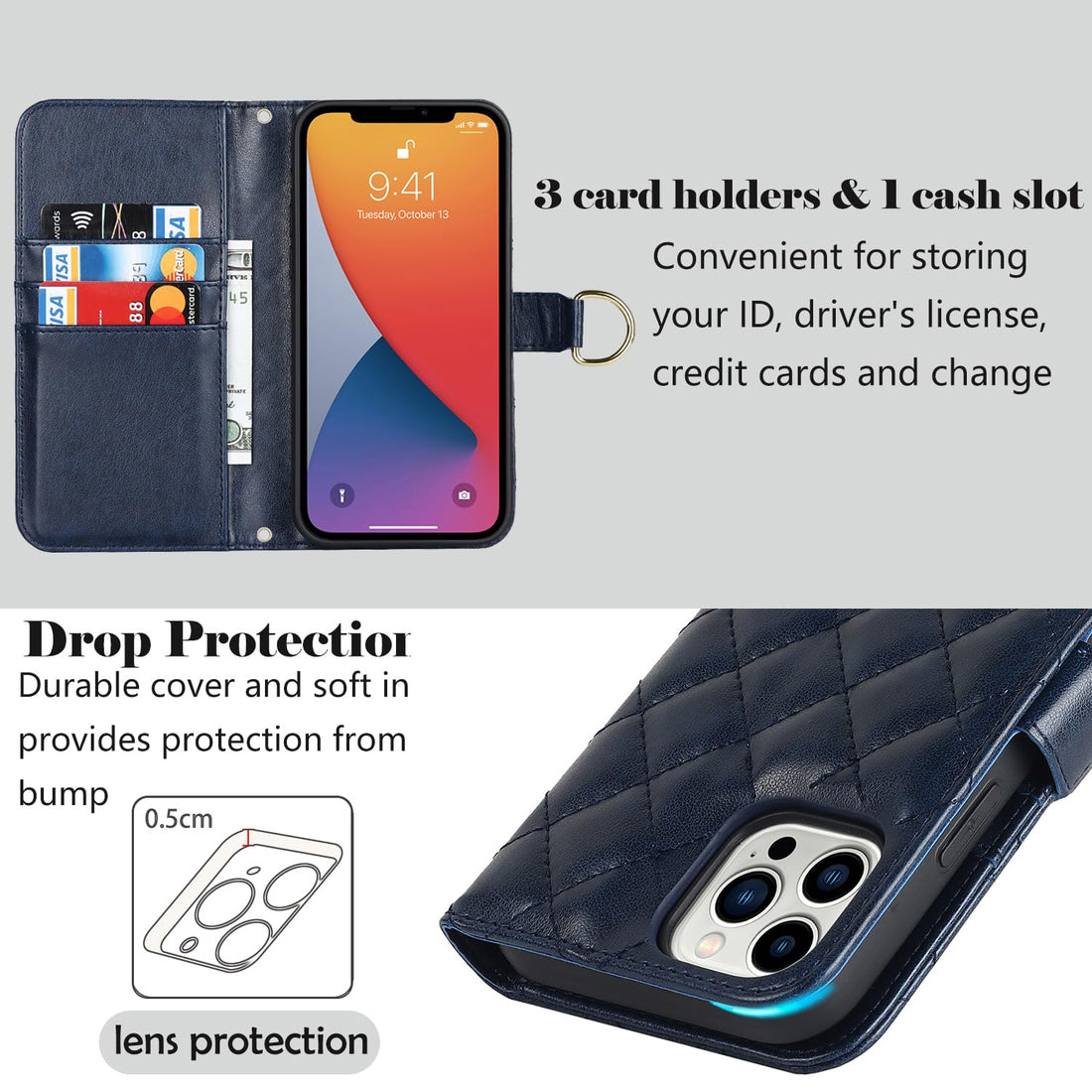 Ｈａｖａｙａ Crossbody Phone case for iPhone 15 pro case with Strap for Women iPhone 15 pro case with Card Holder iPhone 15 pro Wallet case with Credit Card Slot flip Folio Leather Cover-Blue