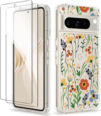GVIEWIN Compatible with Google Pixel 8 Pro Case, with 2X Screen Protectors, [Not Yellowing + Military Grade Drop Tested] Clear Floral Slim Shockproof Protective Women Phone Case(Blooming Flowerets)