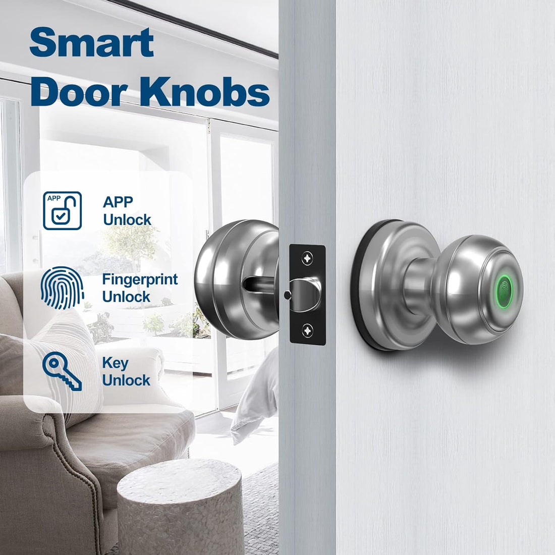 GeekTale Smart Door knob, Fingerprint Door Lock Smart Lock Biometric Door Lock Fingerprint Door knob with App Control, Great for Bedrooms,Cloakroom,Apartments Offices,Hotels, Satin Nickel