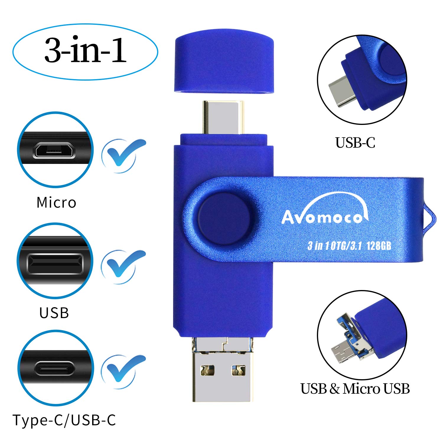 Avomoco 3.1 128GB 3 in 1 High Speed Flash Drive for Android Phones Type C/USB C Devices,Tablets .Photo Stick for Samsung Galaxy,LG,Google Pixel,Hua Wei.(for Micro &USB C Ports,Not for iPhone)