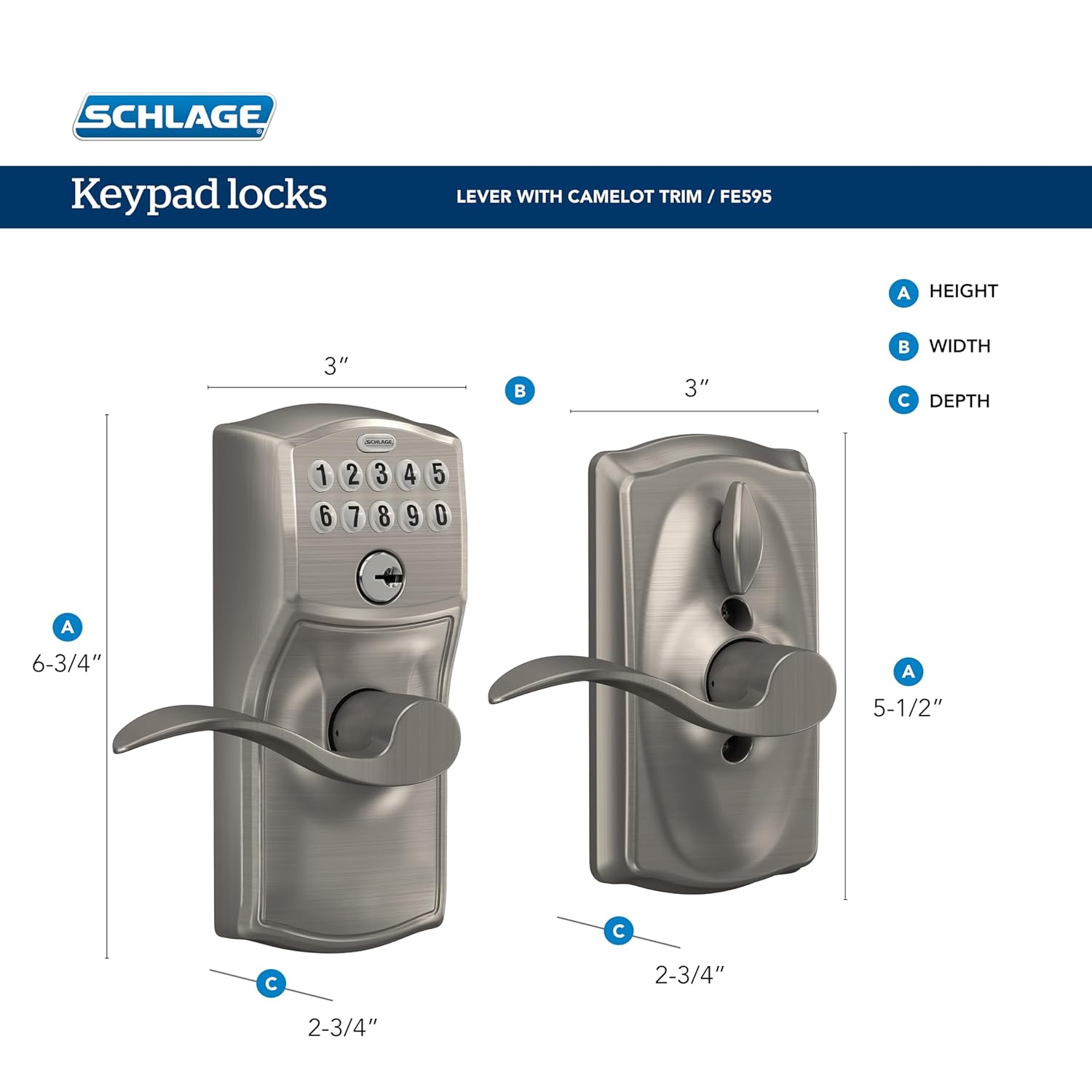 Schlage FE595 CAM 620 Acc Camelot Keypad Entry with Flex-Lock and Accent Levers, Antique Pewter