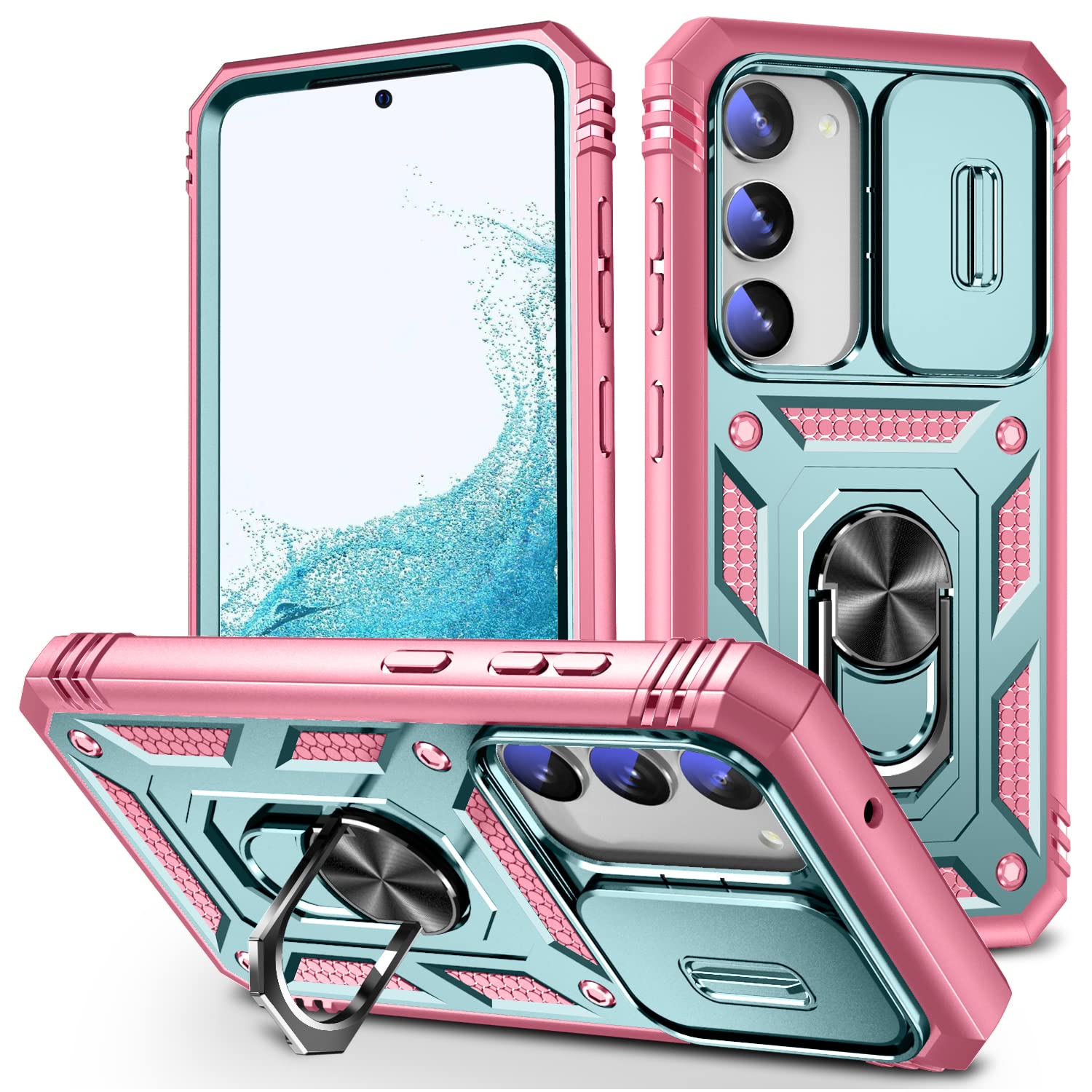 Korecase Design for Samsung Galaxy S23 Kickstand Case with Camera Cover Military Grade Drop Dual Layer Full Body Shockproof Protection Shell for Green & Pink