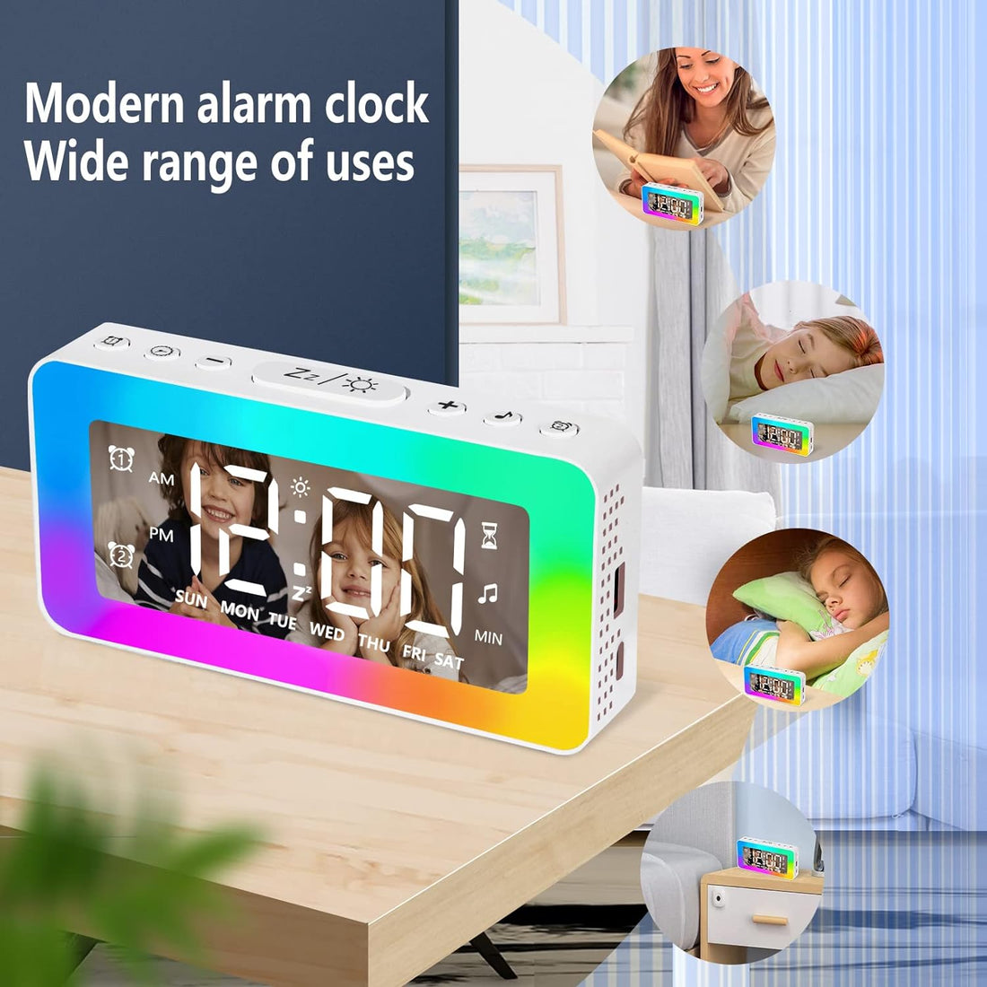 SPLITSKY Kids Alarm Clock for bedrooms,Loud Bedside Digital Clock with 8 LED Night Lights, Dual Alarm, USB Charging Port, Weekday/Weekend Mode, White Noise Sleep, dimmer, for Heavy Sleepers
