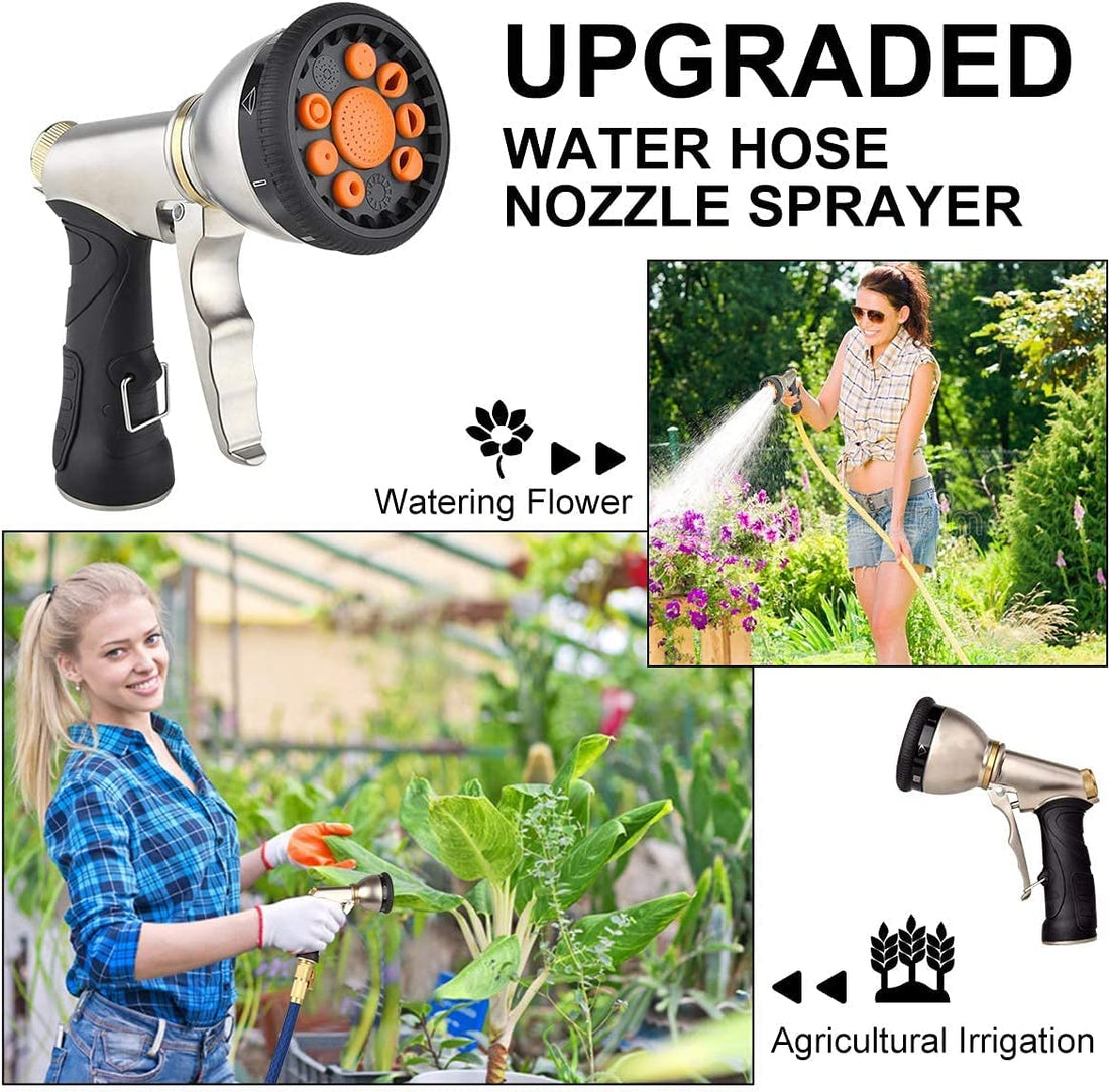 Garden Hose Nozzles 9 Adjustable Patterns Hose Spray Nozzle Heavy Duty Metal Hose Nozzle Spray Gun Slip Resistant Water Sprayer for Cleaning/Watering Lawn Garden/Pets Shower/Car Washing