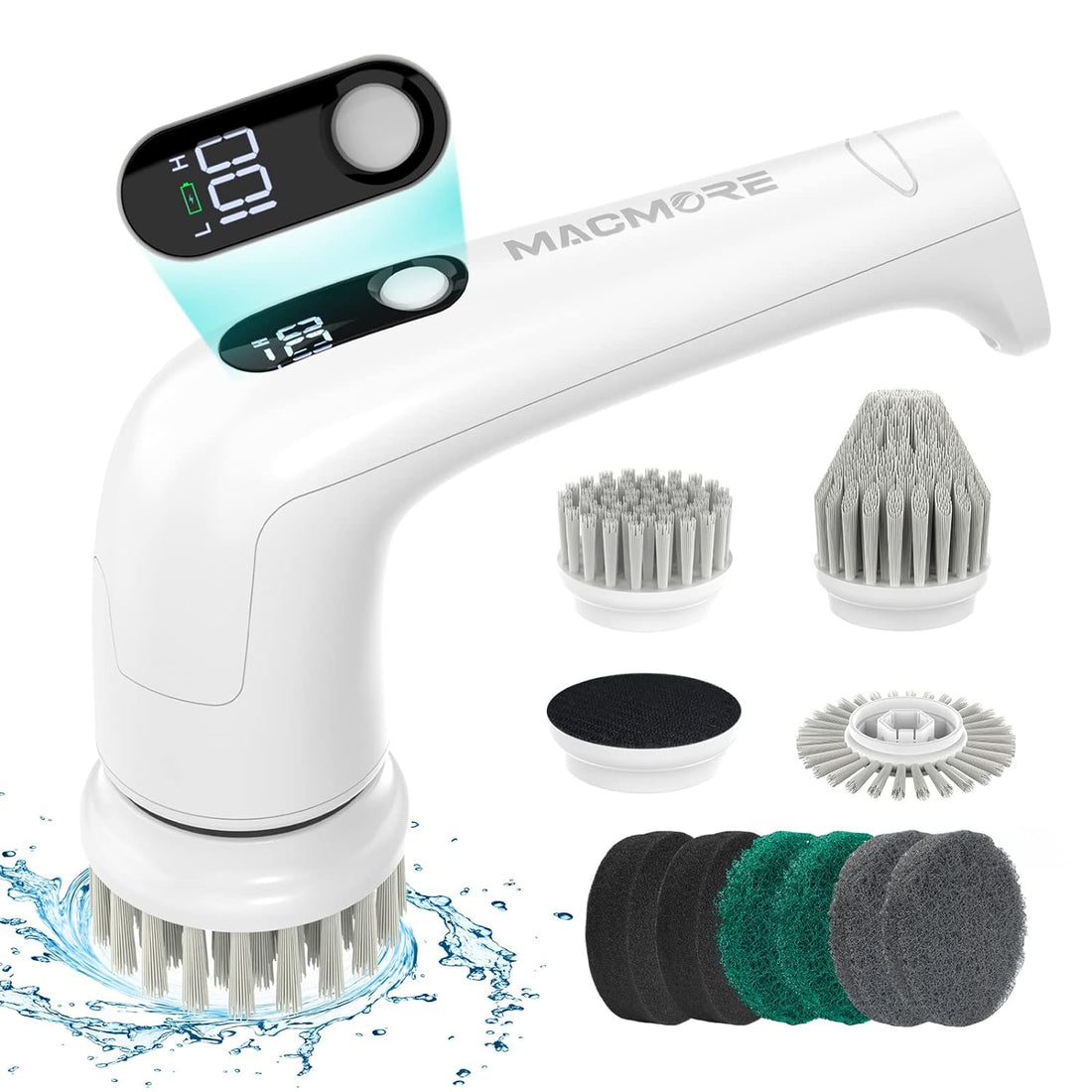 MACMORE Electric Spin Scrubber, Shower Scrubber for Cleaning with 4 Replaceable Cleaning Heads and 9 Scouring Pad, Blasting Sponge, electric scrubber for Bathroom, Tub, Tile, Floor