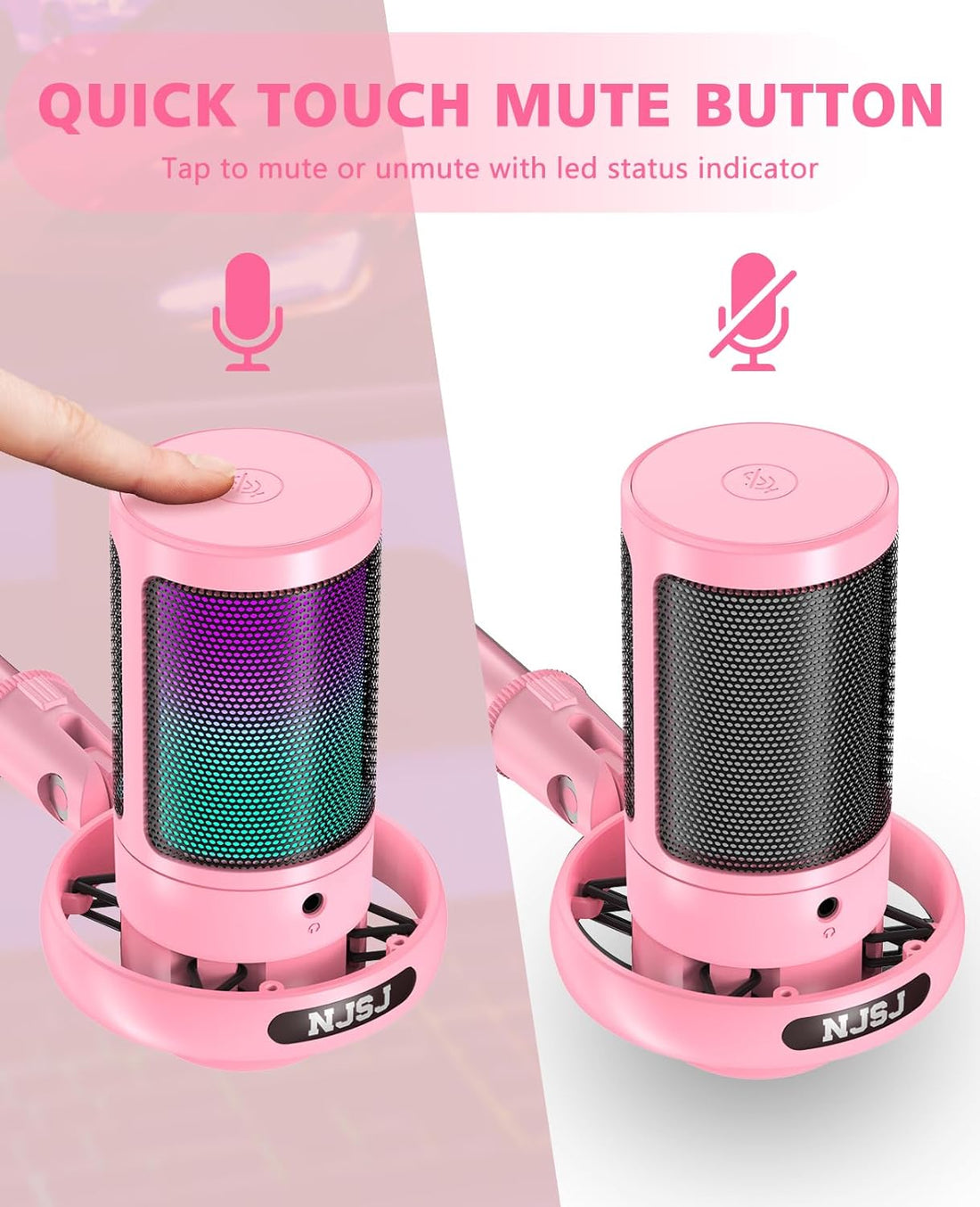 NJSJ USB Microphone for PC, Gaming Mic for PS4/ PS5/ Mac/Phone,Condenser Microphone with Touch Mute, RGB Lighting,Gain knob & Monitoring Jack for Streaming,Podcasting (with Desktop Stand, Pink)