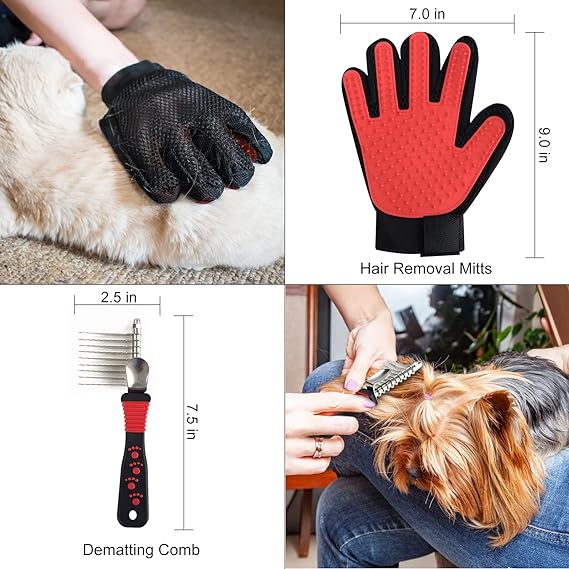 Pet Grooming Tool Kit Dogs Cats Pin & Bristle Brush Cleaning Slicker Brush Dematting Comb Nail Clipper & File Hair Removal Mitts Flea Comb Double Grooming Comb 8-Piece