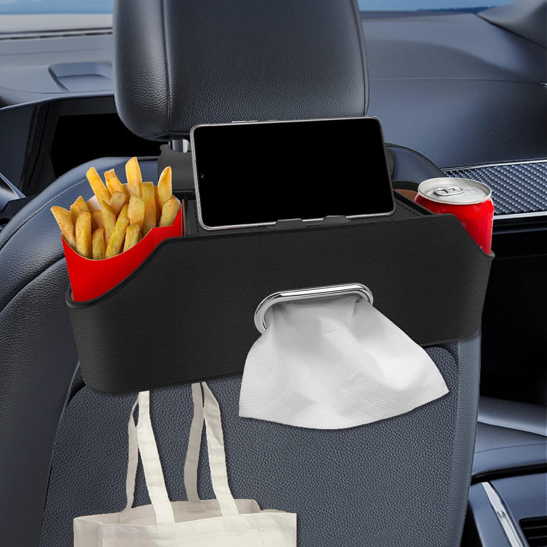 Car Headrest Backseat Organizer,Seat Back Organizer,Hook,Cup Holder,Tissue Box,Phone Holder,Storage Box,Multifunctional Storage for Car Travel Accessories(Black)