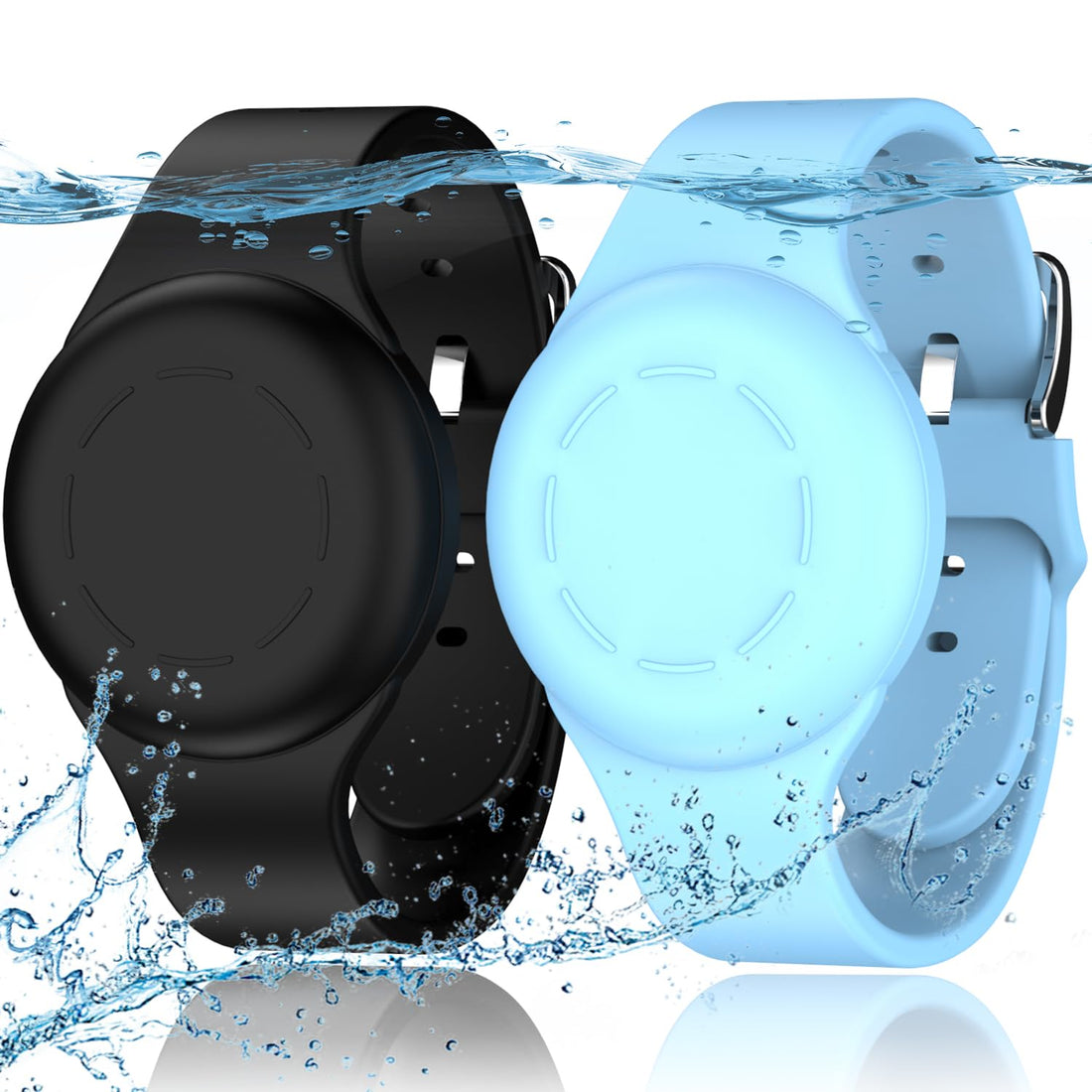 R-fun Waterproof Air Tag Bracelets for Kids [2 Pack] Compatible with Apple Air Tag Tracker with Soft Silicone,Anti Lost GPS Trackers Case Cover for Kids,Black/Glow Blue