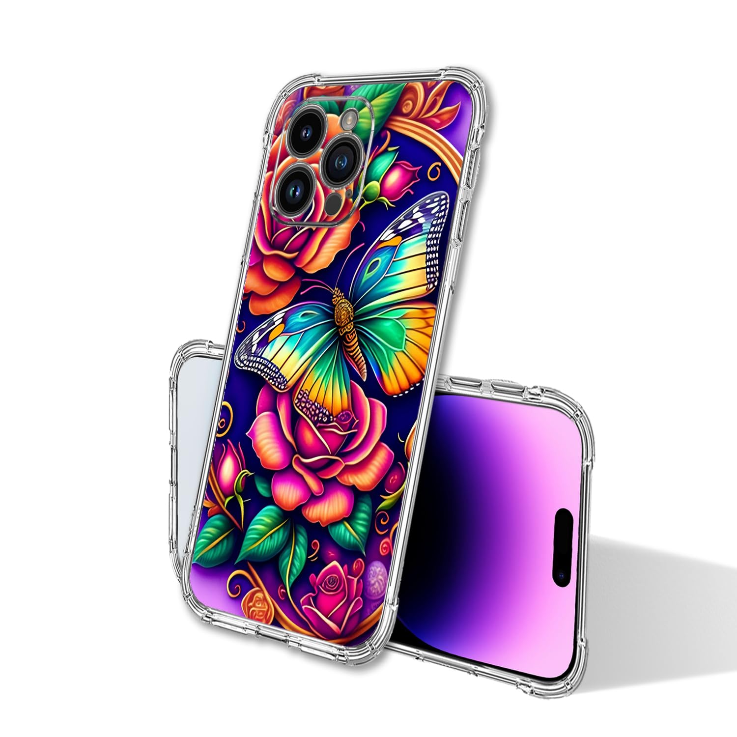 Beaucov iPhone 15 Pro Case,Colorful Butterfly Flowers Drop Protection Shockproof Case TPU Full Body Protective Scratch-Resistant Cover for iPhone 15 Pro