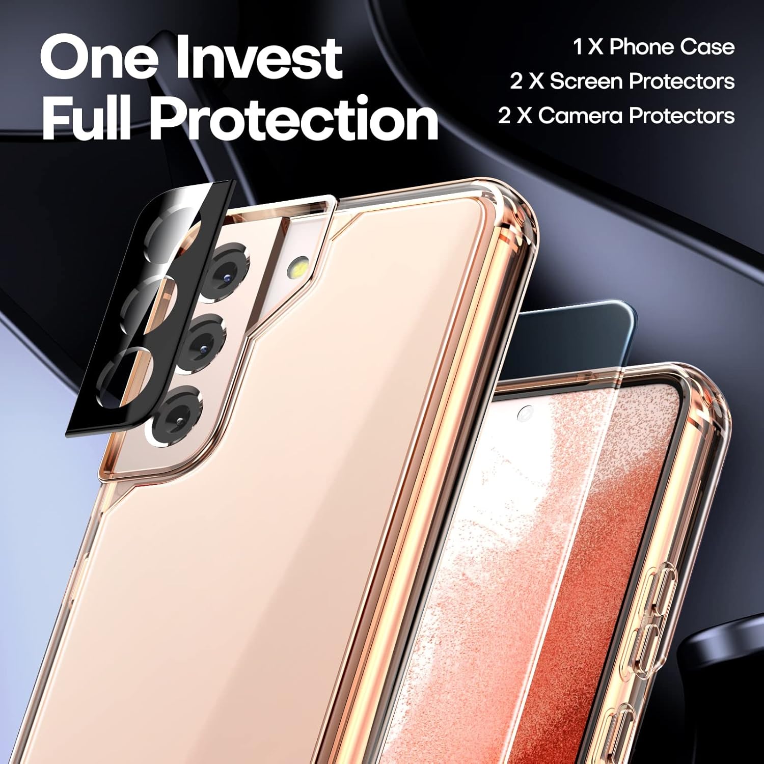 TAURI [5 in 1 Shockproof Designed for Samsung Galaxy S22 Plus Case 5G 6.6 Inch, with 2 Pack Tempered Glass Screen Protector + 2 Pack Camera Lens Protector Slim Cover-Rose Gold