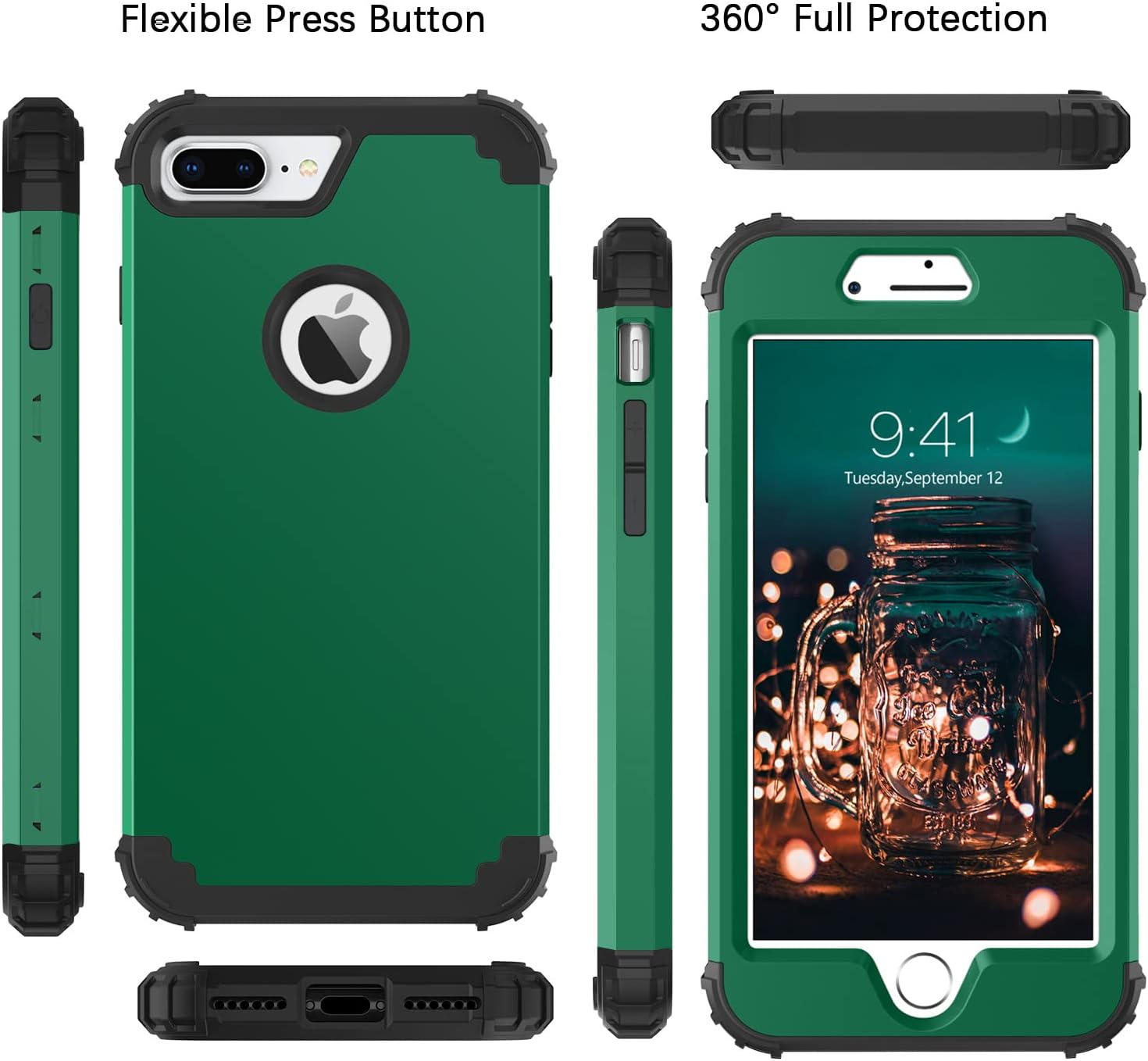 BENTOBEN Case for iPhone 8 Plus/iPhone 7 Plus, 3 Layer Hybrid Hard PC Soft Rubber Heavy Duty Rugged Bumper Shockproof Anti Slip Full-Body Protective Phone Cover for iPhone 8 Plus/7 Plus, Deep Green