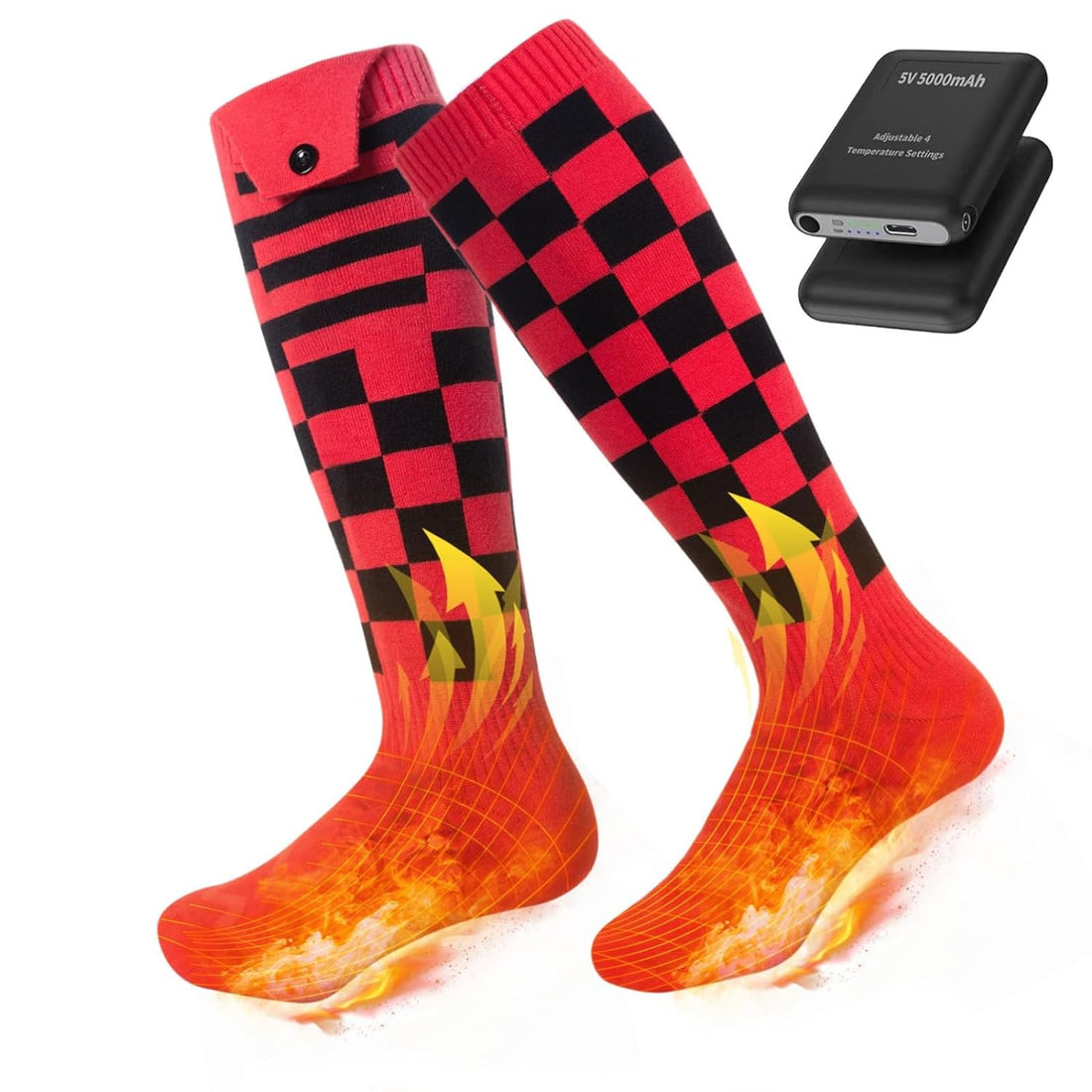 Heated Socks for Men Women, Rechargeable Electric Socks,5V 5000mAh Batteries Powered Thermal Foot Warmers with 4 Heat Settings for Hunting,Skiing,Camping and Winter Outdoors Working (Red and Black)