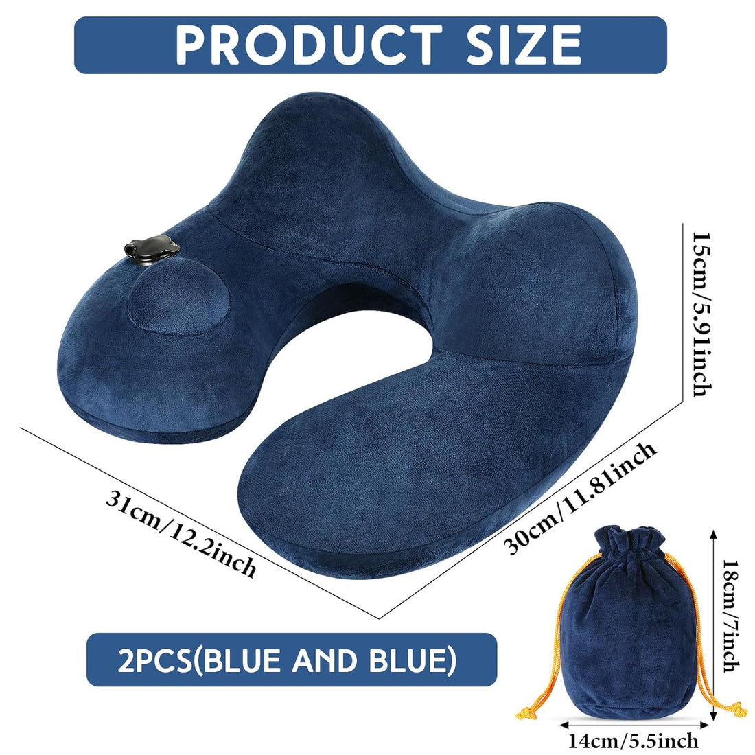 Xtinmee 2Pcs Self-Inflatable Pillow Inflatable Travel Pillow with Compact Bag Soft Airplane Pillow for Long Flight Neck Cushion for Head Support Car Home Office 12.2x11.81x5.91in (Navy Blue)