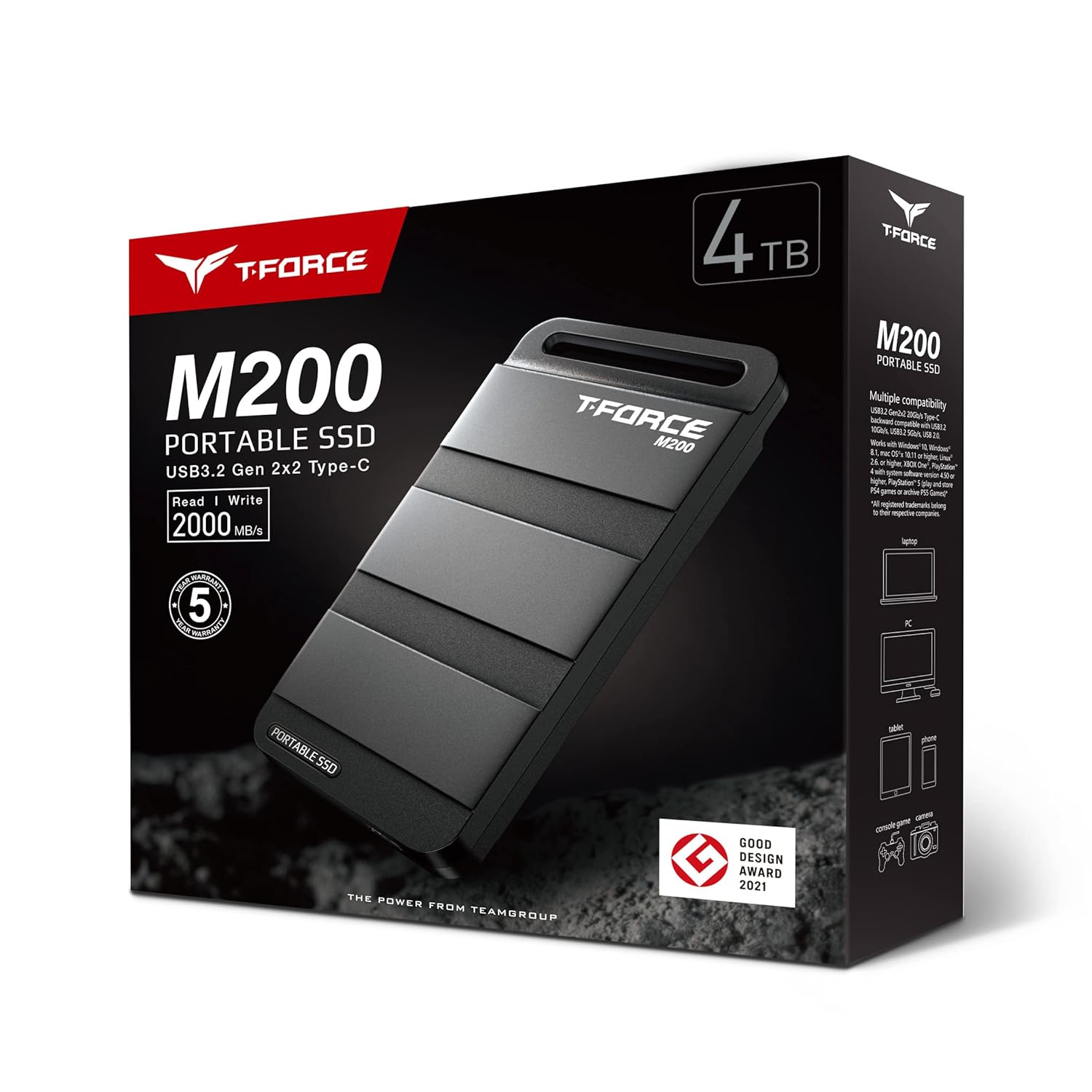 TEAMGROUP T-Force M200 Portable SSD 4TB USB3.2 Gen2x2 Type-C Read/Write 2000MB/s Compatible with PS5 & Xbox & Chrome OS (T8FED9004T0C102)