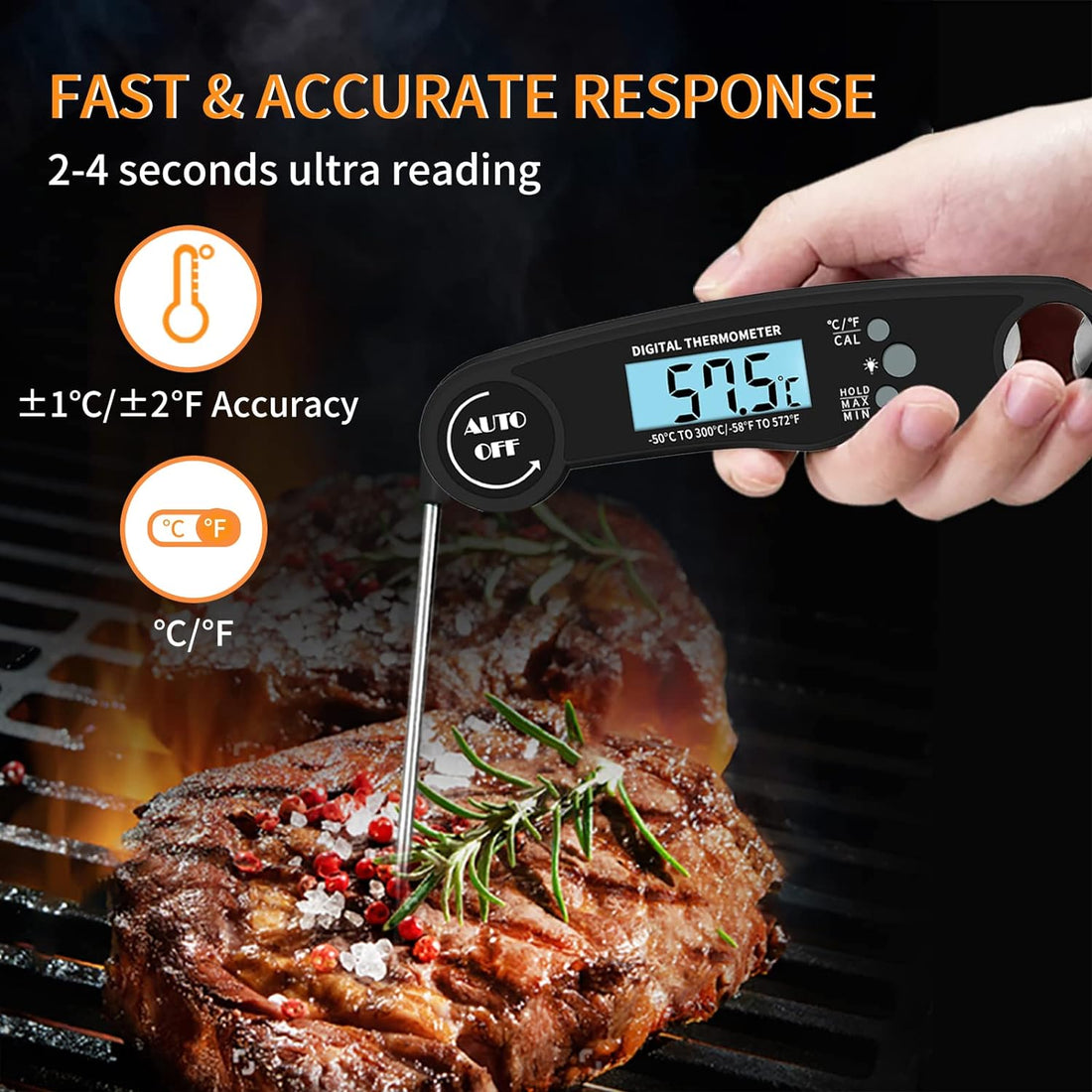 BESTCROF Meat Thermometer with Probe, Digital Instant Read Food Thermometer for Grilling BBQ, Kitchen Cooking, Baking, Liquids, Candy - IP67 Waterproof, Backlight & Calibration - Black