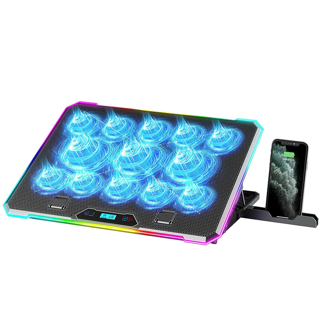 KYOLLY RGB Laptop Cooling Pad Gaming Laptop Cooler, Laptop Fan Cooling Stand with 13 Quiet Cooling Fans for 15.6-17.3 inch laptops, 9 Height Stand, LED Lights & LCD Screen, 2 USB Ports, Lap Desk Use