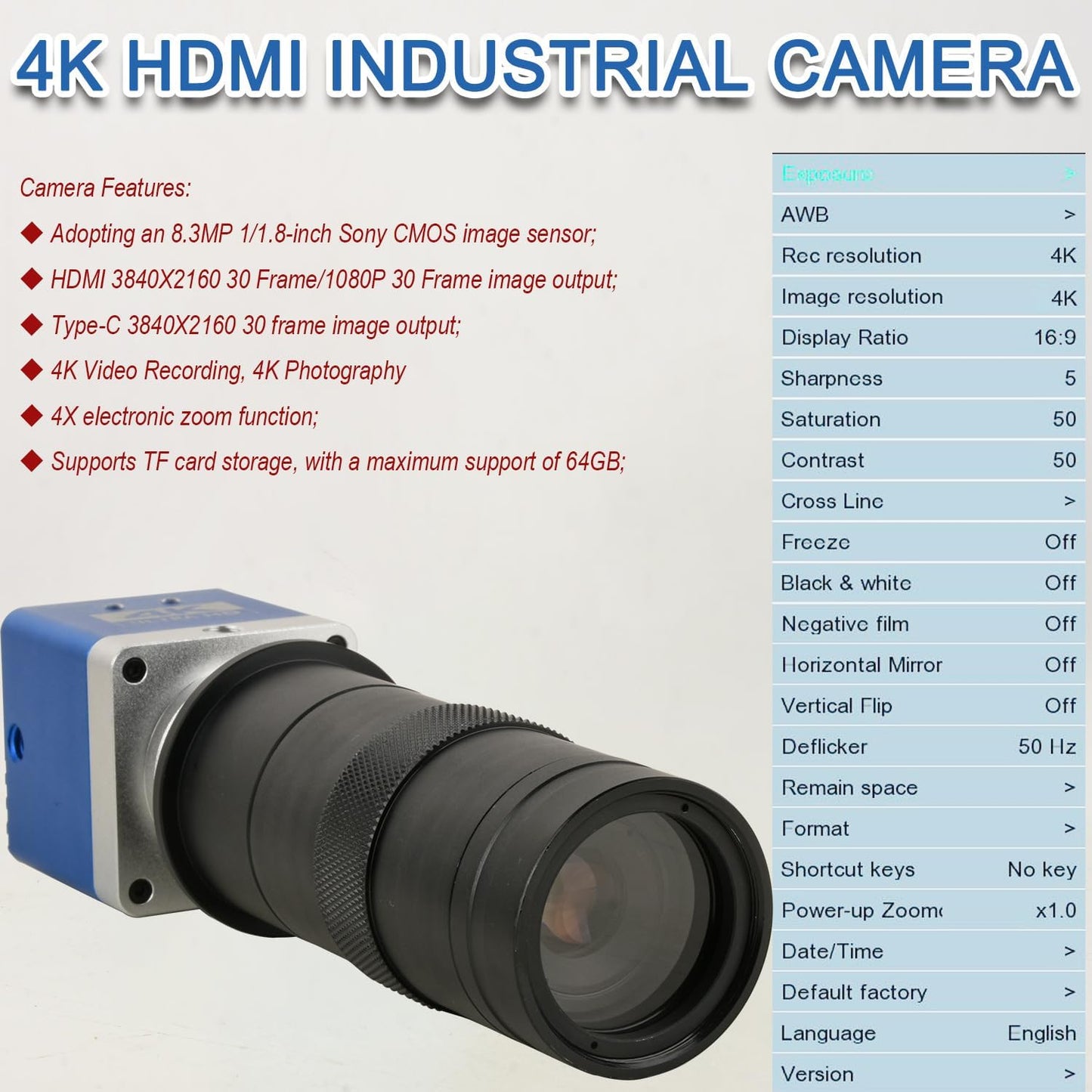 4K HD Microscope Industrial Camera 8.3 Million Pixels – Front View