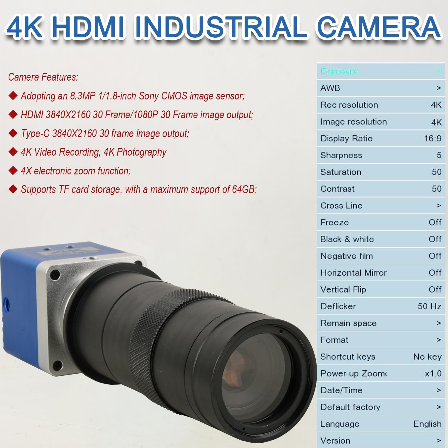 4K HD Microscope Industrial Camera 8.3 Million Pixels – Front View
