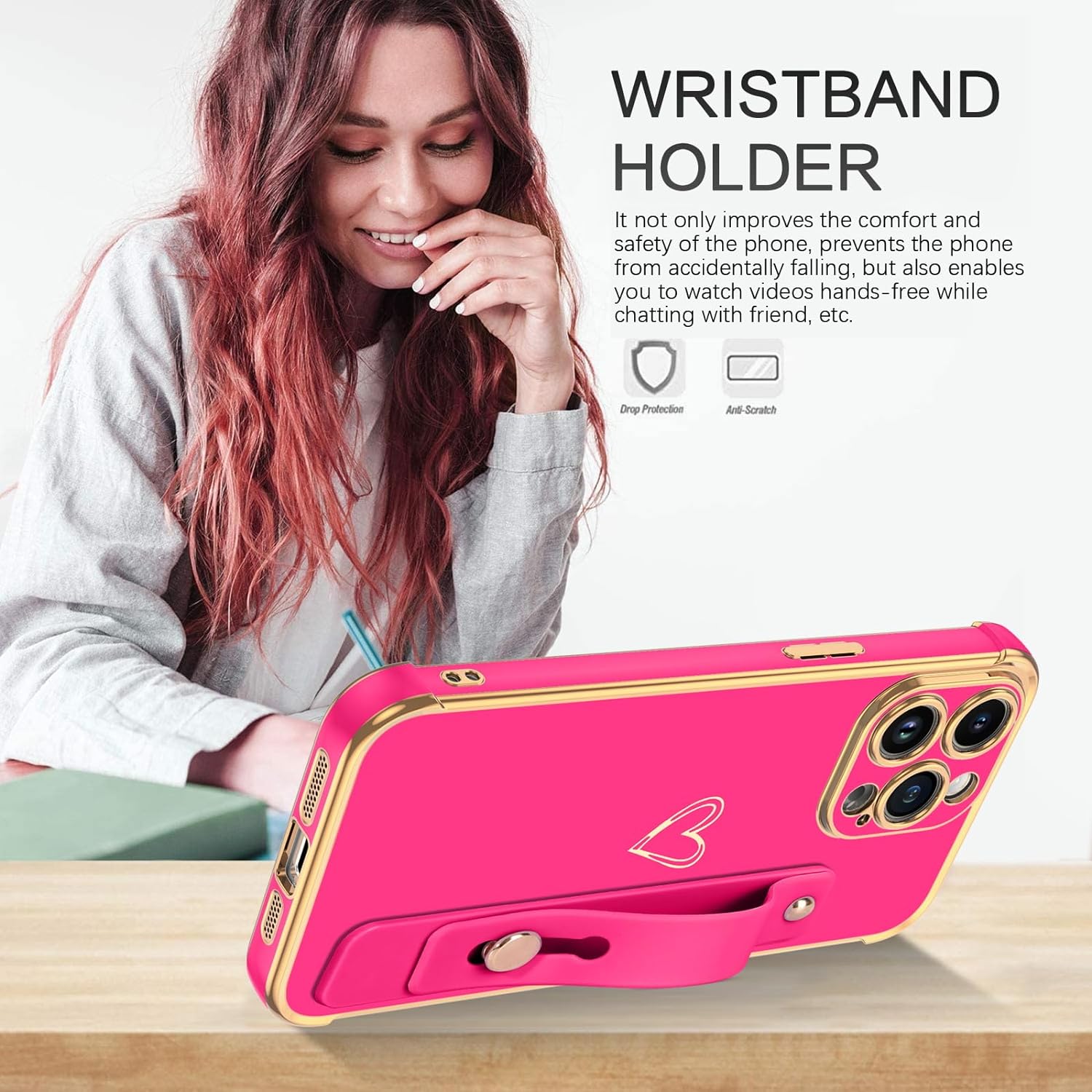 BENTOBEN for iPhone 15 Pro Max Case, Phone Case iPhone 15 Pro Max for Women Girls, Cute Heart Adjustable Strap Wristband Kickstand Holder Shockproof Soft TPU Bumper Luxury Plating Cover, Hot Pink