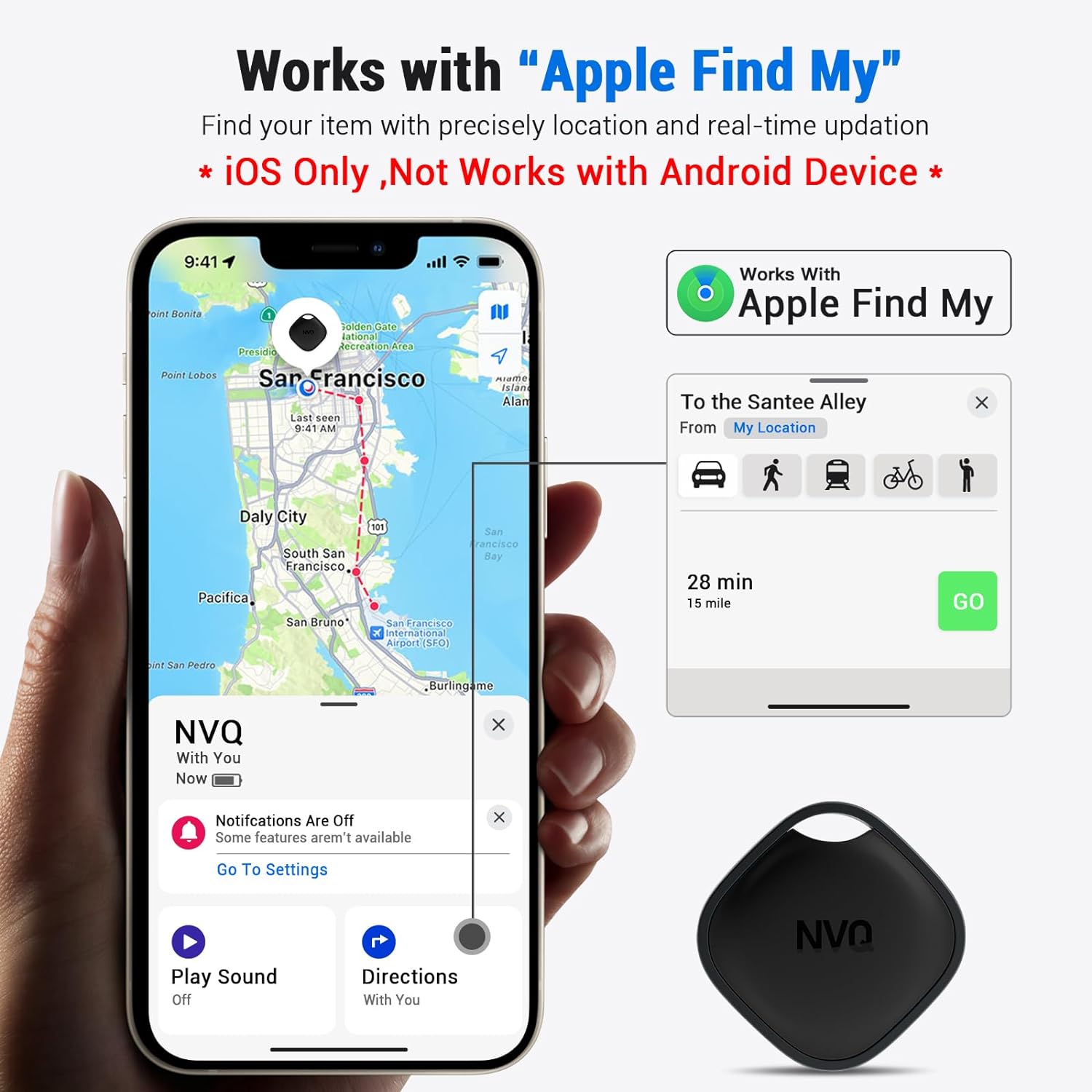 Key Finder, Bluetooth Tracker Locator Pairs with Apple Find My, Item Finder for Keys,Wallet,Pets,Bag,Backpack and Suitcase, 400ft Range Smart Tracker Tags, Compatible with iOS (iOS only), Black 1Pack