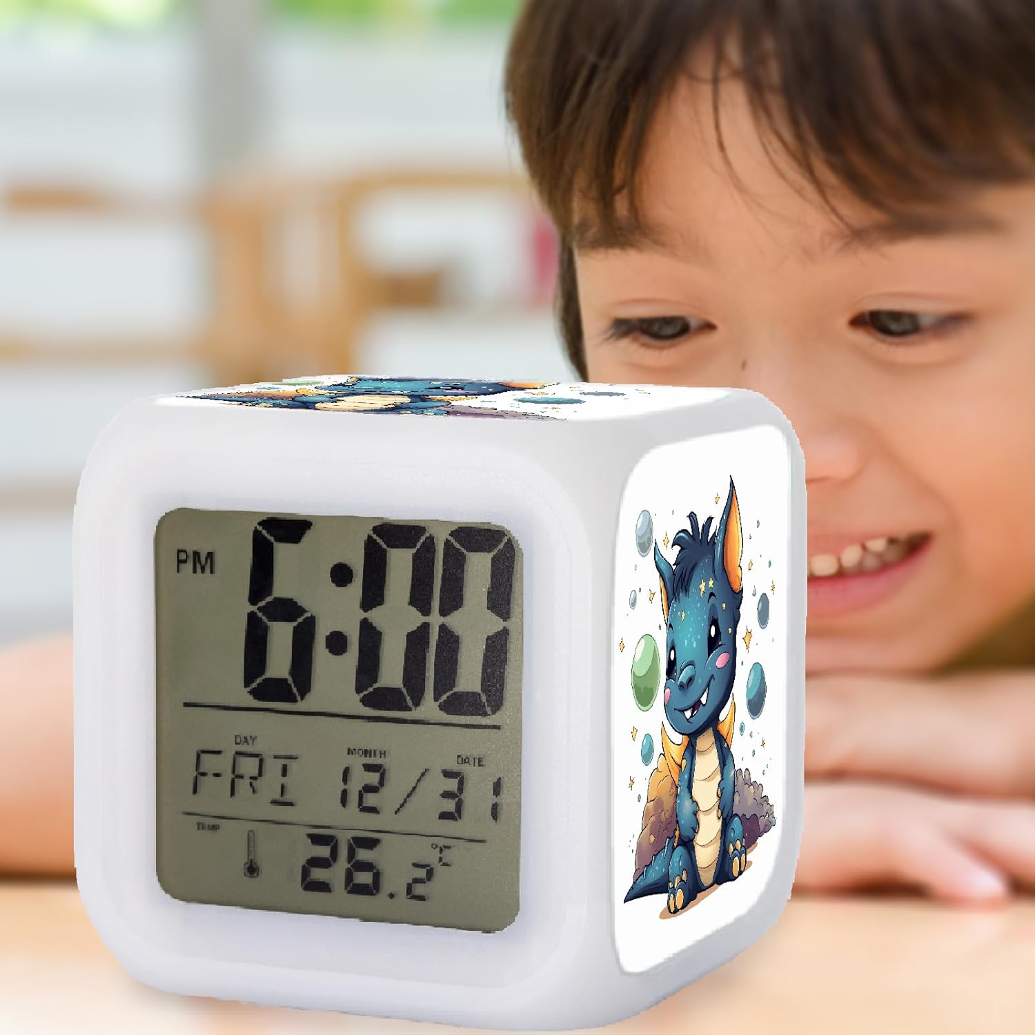 ZonleeApex Kids Digital Alarm Clock with Dragon for Boys Girls Ages 6-13, Cute Cube Introductory Alarm Clock with Night Light for Bedroom Decor Gift Ideas (3.15x3.15x3.15inch)