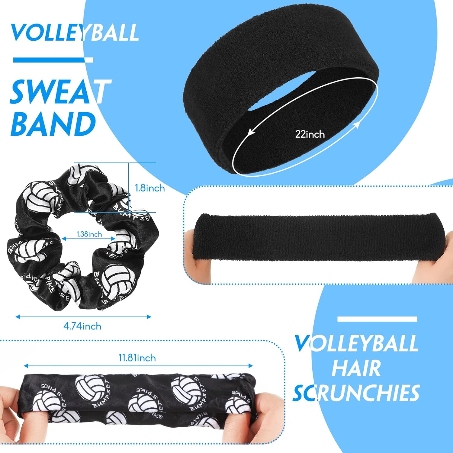 Vabean 8 Pcs Volleyball Accessories, Volleyball Arm Sleeves Volleyball Knee Pads Sport Hair Scrunchies Sweat Band Drawstring Bag Cosmetic Bag Volleyball Wrist Guard Knee Brace (Black,X-Large)