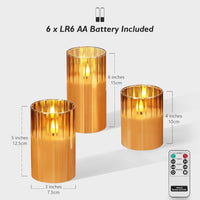 Rhytsing Gold Ribbed Glass Battery Operated LED Candles with Remote, Flameless Candle Gift Set with Timer, Warm White Light- Include 6 Batteries - Set of 3