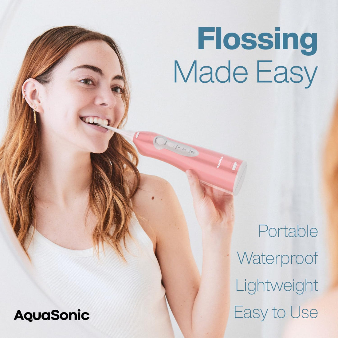 Aquasonic Aqua Flosser - Professional Rechargeable Water Flosser with 4 Tips - Oral Irrigator w/ 3 Modes - Portable & Cordless Flosser - Kids and Braces - Dentist Recommended (Rose Gold)