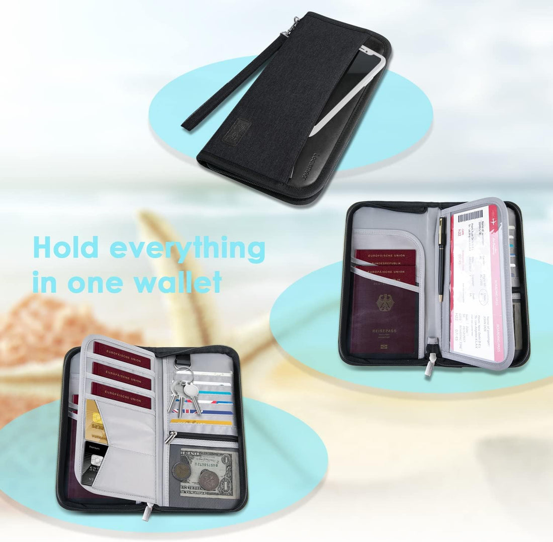 Travel Passport Wallet Family Passport Holder RFID Blocking Waterproof Bag Documents Organizer Premium Durable Passport Case With Luggage Tag(Black), All Black, Portable