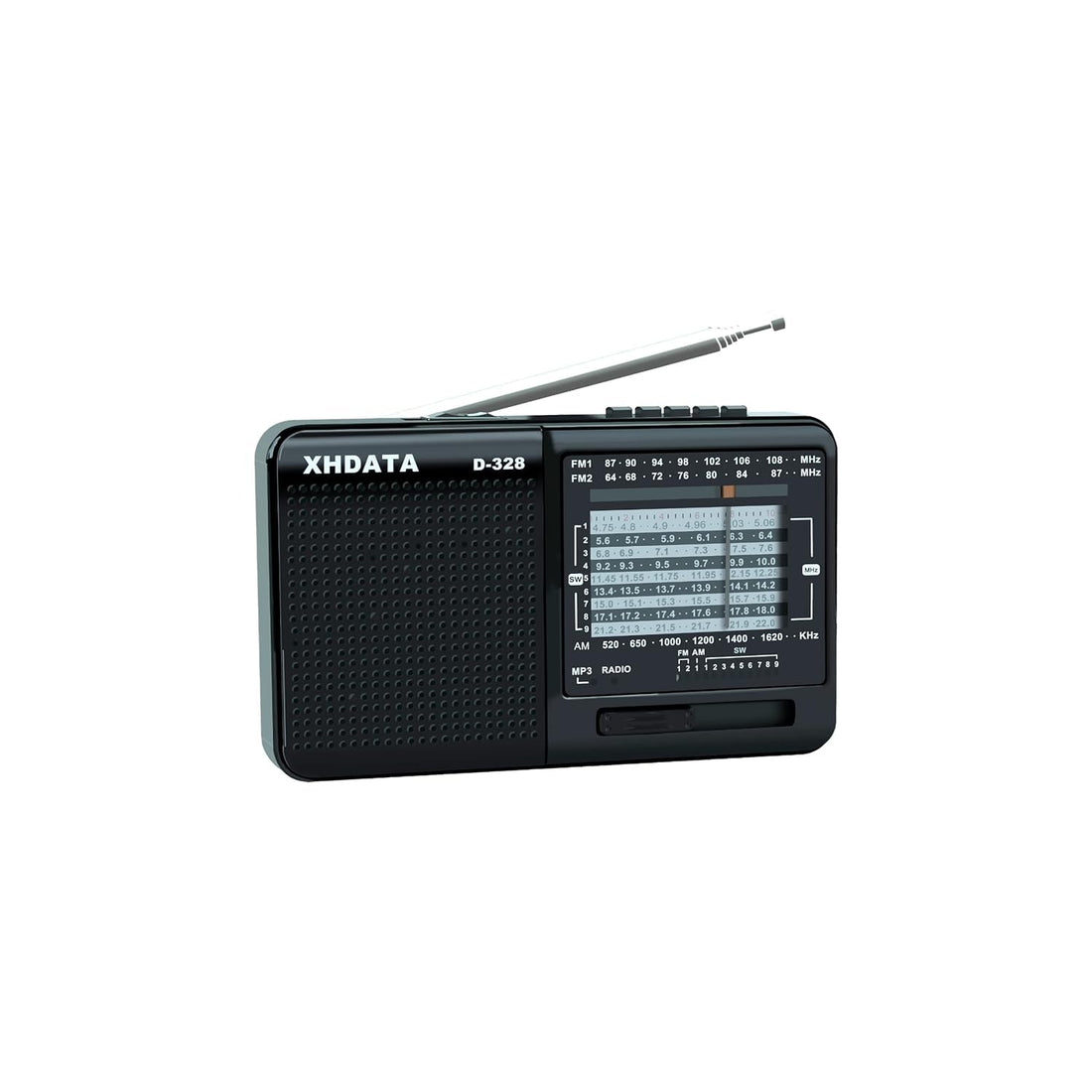 XHDATA D-328 portable rechargeable radio with FM/MW/SW, stereo radio with earphone jack, portable multimedia speaker with USB/micro SD Card. (Black)