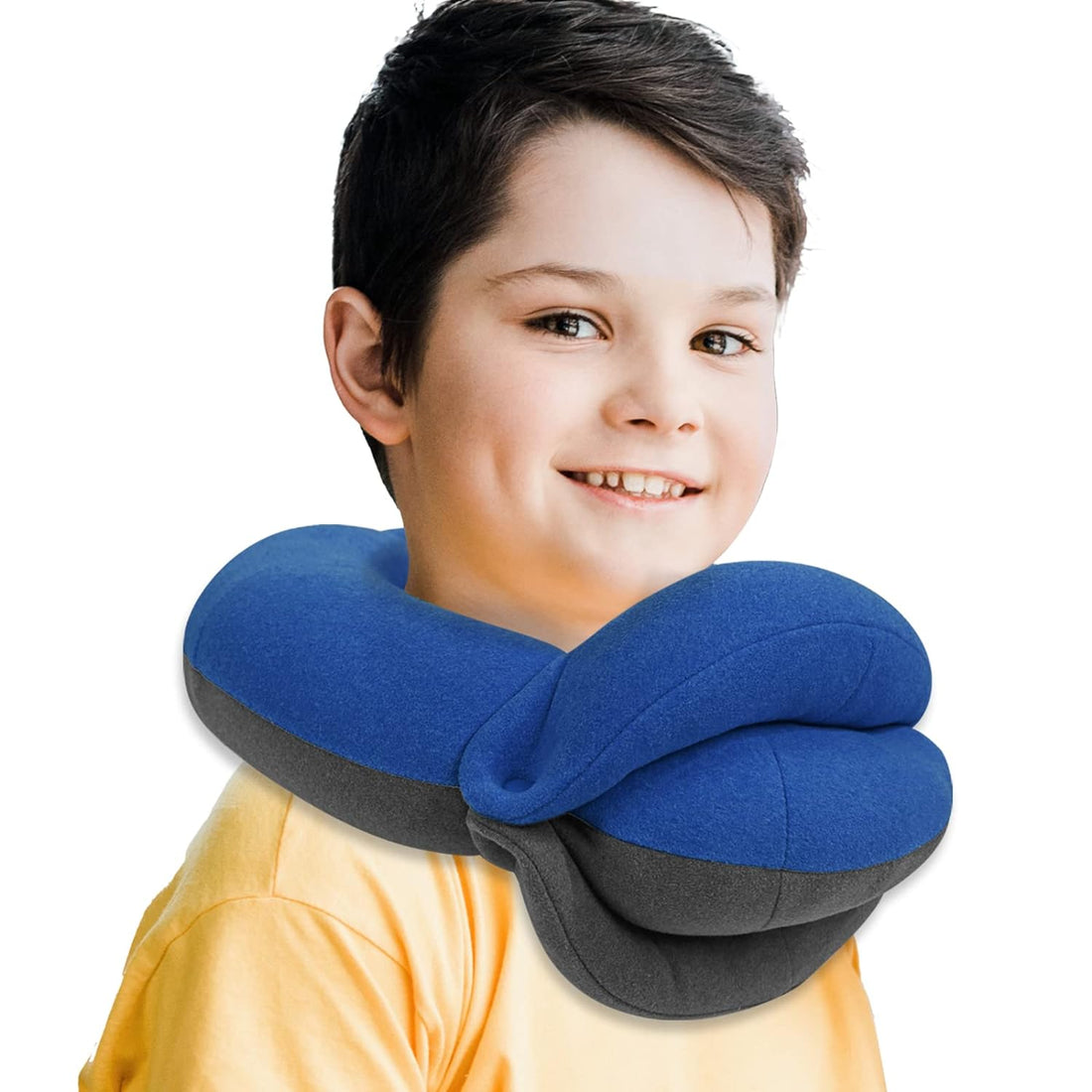 BUYUE Kids Travel Pillows for Airplane, 360° Head Support Sleeping Essentials for Boys Long Flight, Skin-Friendly Soft Neck Pillow for Traveling in Car Seat, Small, Blue Grey