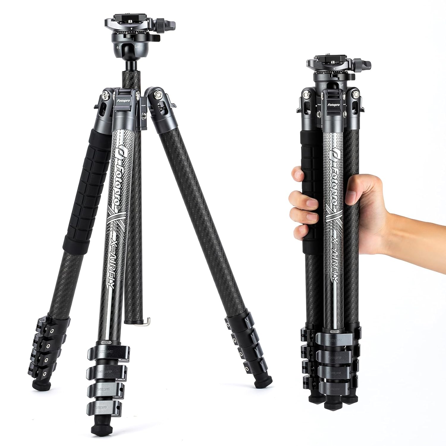 Fotopro X-Airfly 63 Inch Lightweight Travel Camera Tripod with Panoramic Ball Head 2.51lb Expandable Compact Portable Professional Carbon Fiber Tripod for Camera DSLR Load up to 33lb Grey