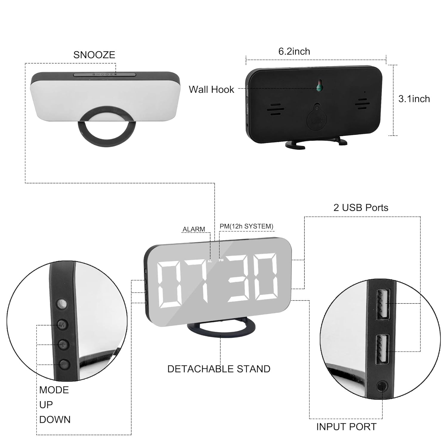 Digital Clock Large Display, LED Alarm Electric Clock Mirror Surface for Makeup with Diming Mode, 3 Levels Brightness, Dual USB Ports Modern Decoration for Home Bedroom Decor-Black