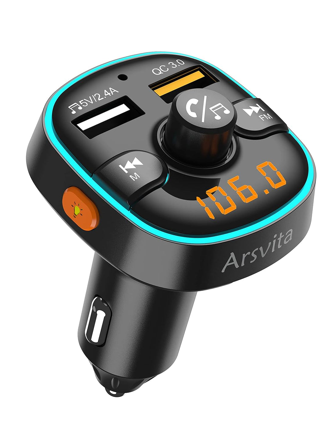 Arsvita Bluetooth Car FM Transmitter, Wireless Audio Adapter Receiver, Support Siri/Google Voice Wake-up, Color Light, with QC3.0 Quick Charge Dual USB Ports and Support TF Card