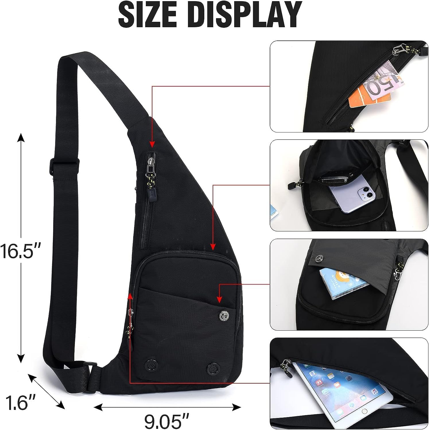 Peicees Waterproof Sling Bag Crossbody Bag For Men Women Slim Chest Backpack Man Purse Small Shoulder Bag For Travel Hiking