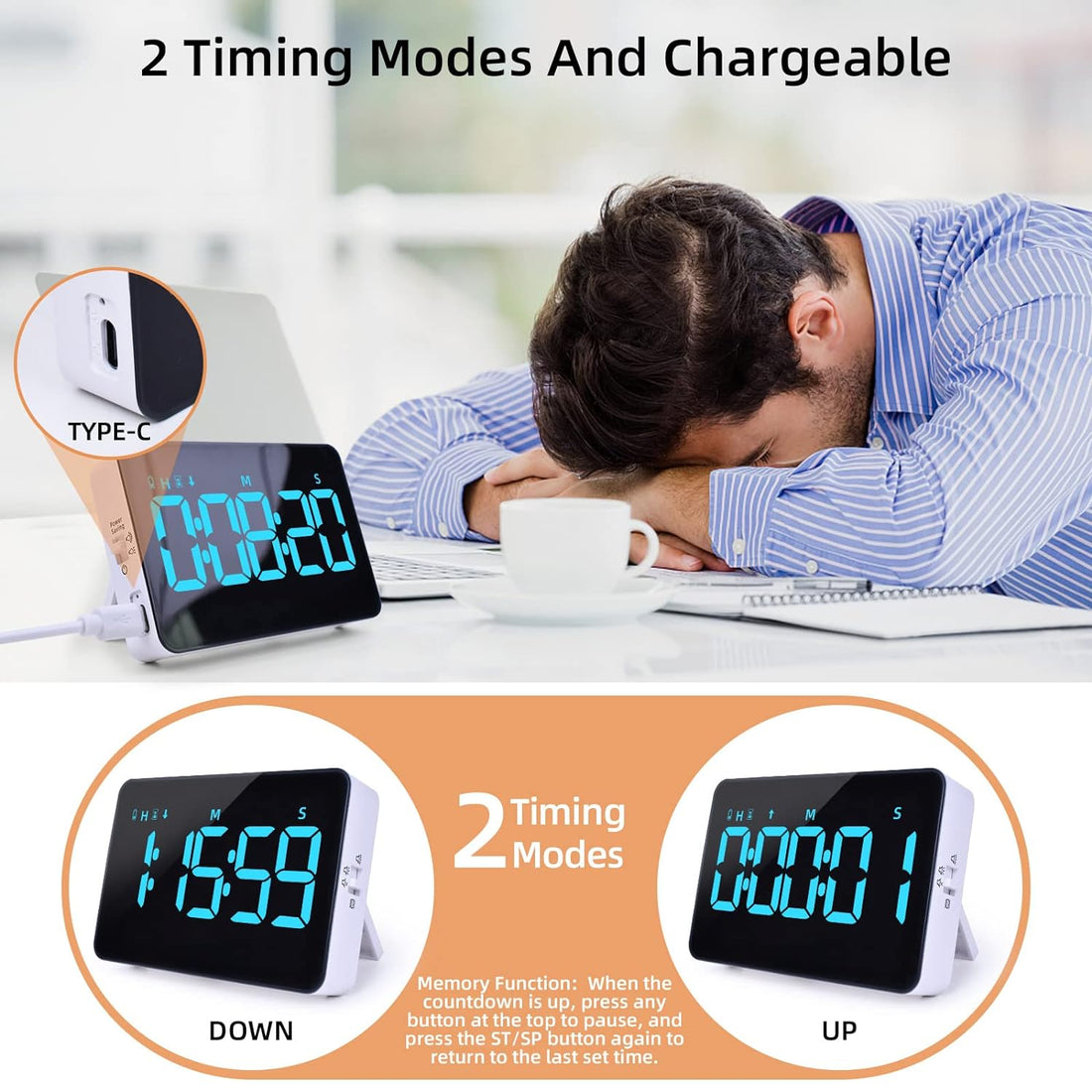 2 Packs Rechargeable Digital Classroom Timer Kitchen Timer, Magnetic Timers with Countdown/up with 5”LED Display 3 Brightness 4 Volume Adjustable for Classroom Office Home Work Study Fitness (Blue)