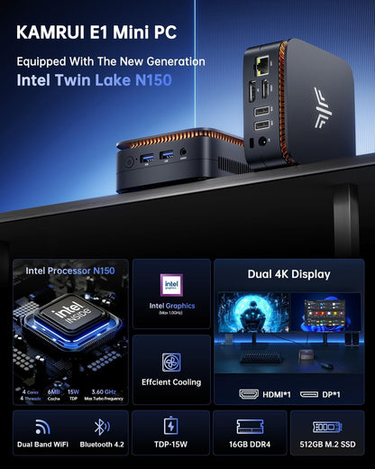 KAMRUI Essenx E1 Mini PC: 16GB DDR4 RAM 512GB M.2 SSD – Side View