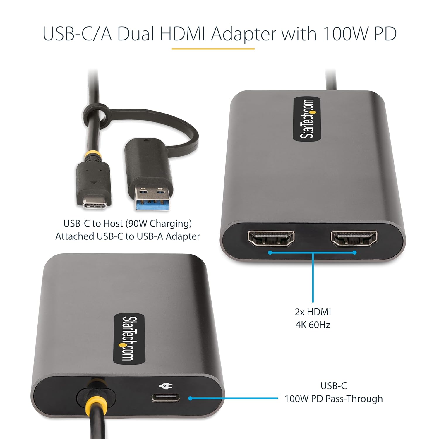 StarTech.com USB-C Dual HDMI Adapter - USB-C/USB HDMI Adapter for 2 4K 60Hz Monitors - 100W PD Pass-Through - USB C to HDMI - USB-C to HDMI Multi-Monitor Adapter/Video Converter (109B-USBC-HDMI)