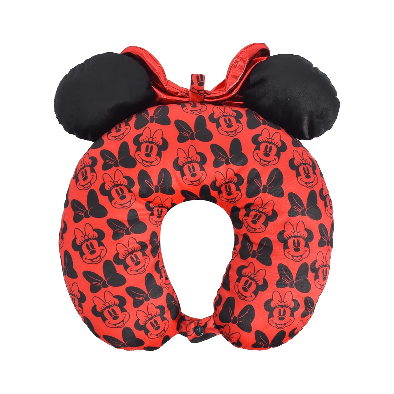 Disney Minnie Mouse Travel Neck Pillow with 3D Ears and Bow for Airplane, Car and Office Comfortable and Breathable, Red/Black