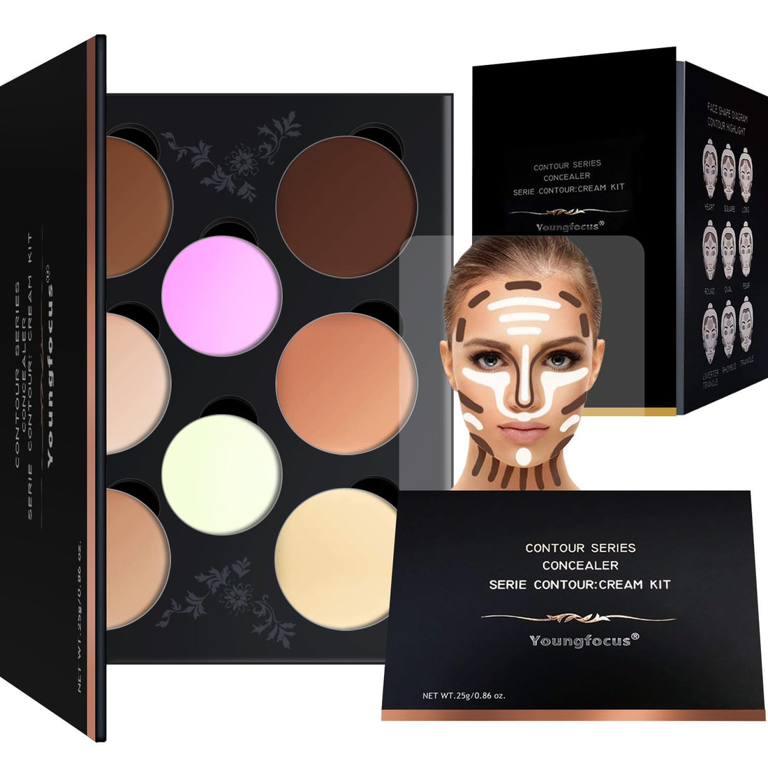 Youngfocus cream contour makeup-palette kit 8 colors cosmetics highlighting face contouring foundation concealer for hypoallergenic moisturizing light and breathable contour kit comprise contou