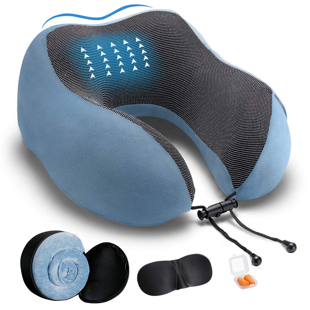 DYD Travel Pillow Memory Foam Neck Pillow for Airplane Breathable & Washable Velour Cover Ergonomic Neck Support Pillow with Sleep Mask & Earplugs