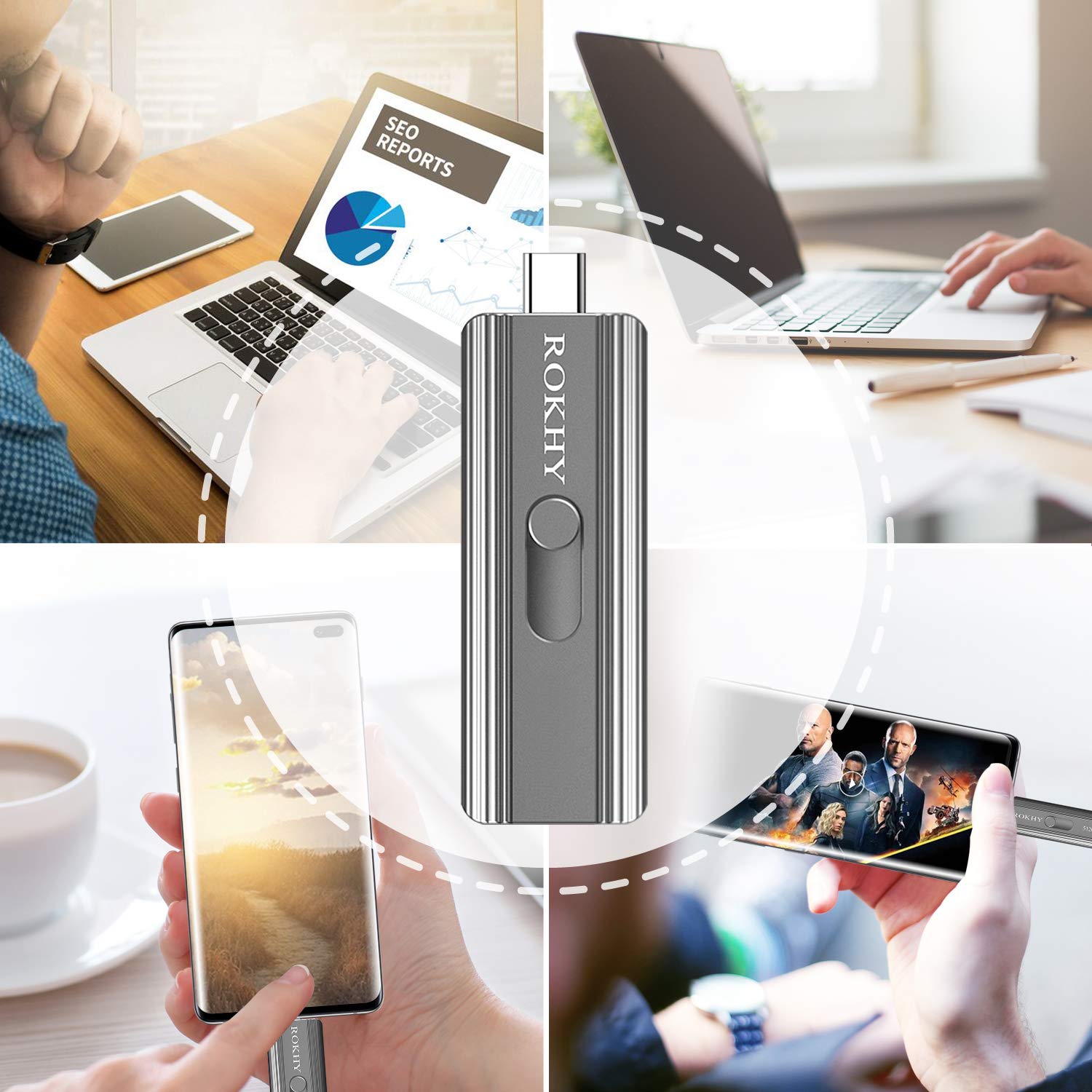 ROKHY 1TB Extreme Portable Mini External SSD USB Type C 2 in 1 Solid State Flash Drive Up to 550MB/s NAND Flash for Android Smartphone Computer, MacBook, Chromebook Pixel - 1TB