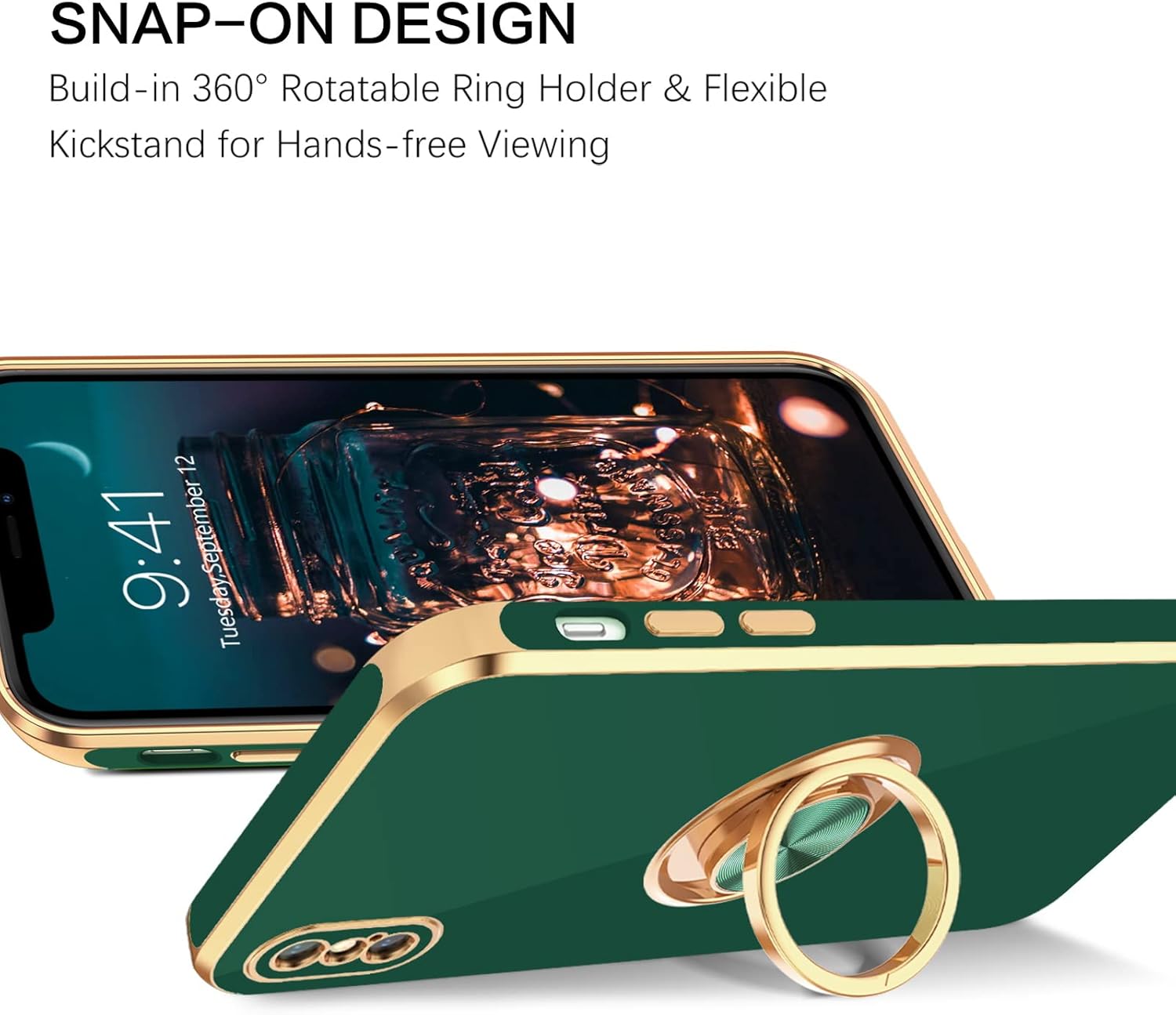 BENTOBEN iPhone Xs Case, Phone Case iPhone X, Slim Fit Sparkly Kickstand Ring Holder Design Shockproof Protection Soft TPU Bumper Drop Protective Girls Women Boys iPhone Xs/X 5.8" Cover, Green/Gold