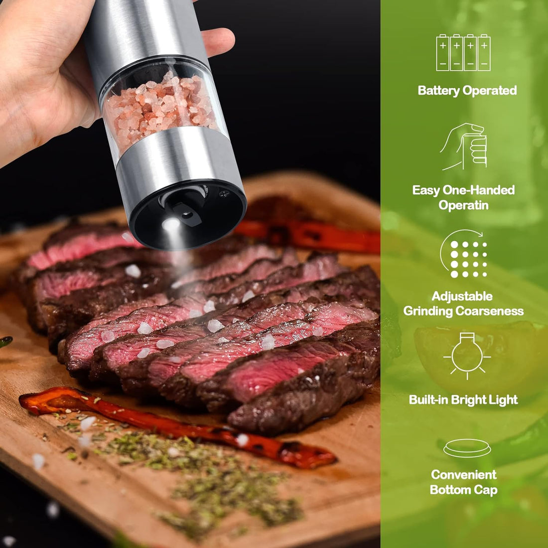 Electric Salt Grinder Pepper Grinder Battery Operated Stainless Steel Pepper Mill Automatic Salt and Pepper Grinder with with Adjustable Coarseness, 1 Pack